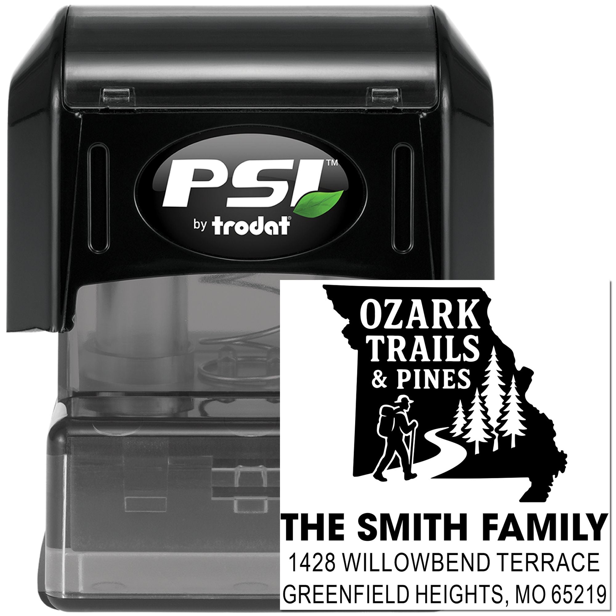 Custom self-inking rubber return address stamp by PSI Trodat for Ozark Trails & Pines family mailing labels