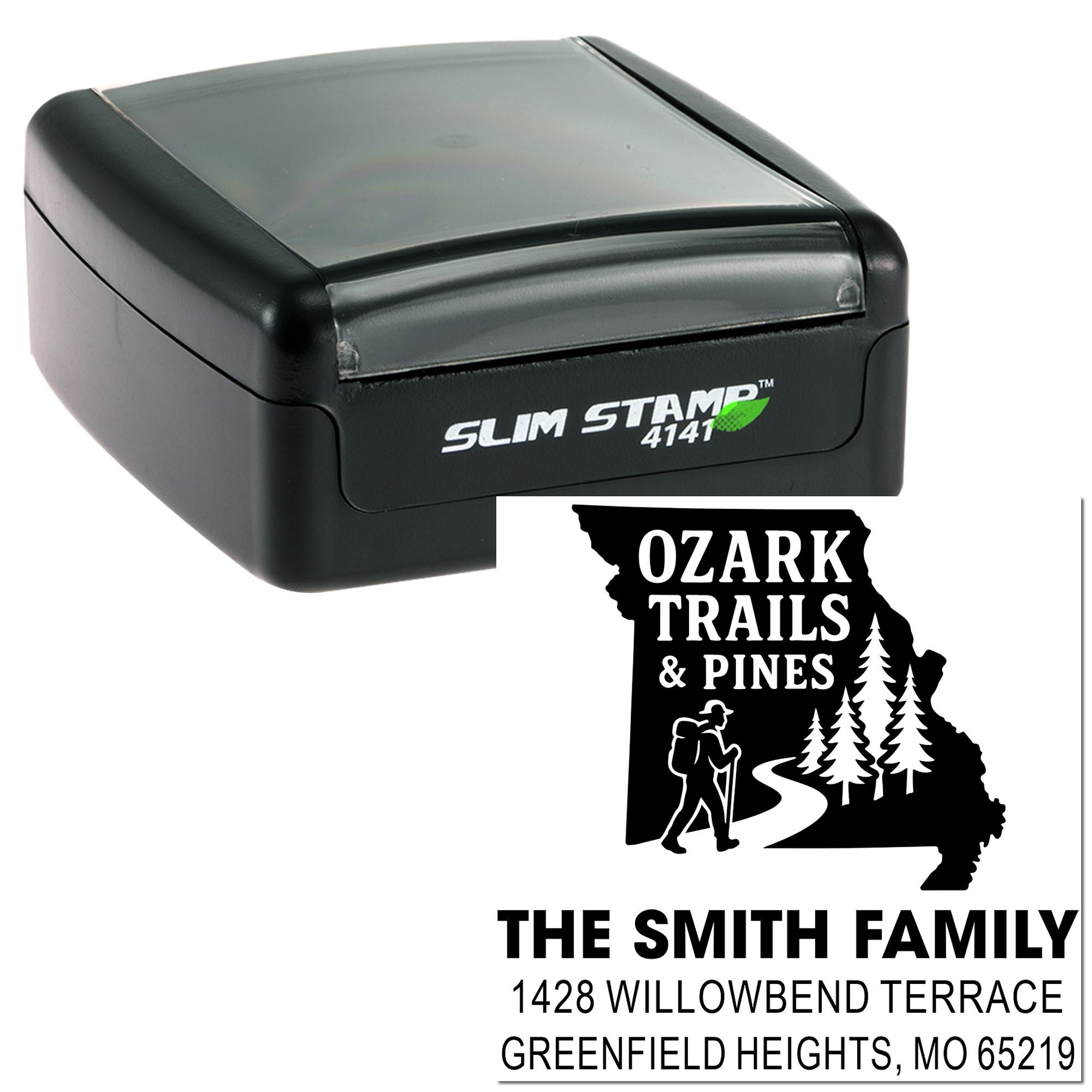 Slim Stamp 4141 self-inking rubber stamp with custom return address imprint for Ozark Trails & Pines family mailing labels