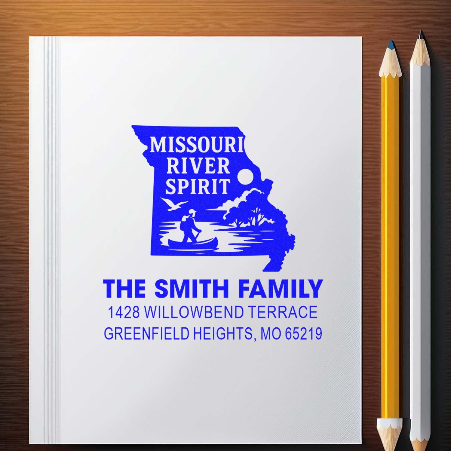 Custom Missouri River Spirit return address rubber stamp for The Smith Family, Greenfield Heights, MO 65219.