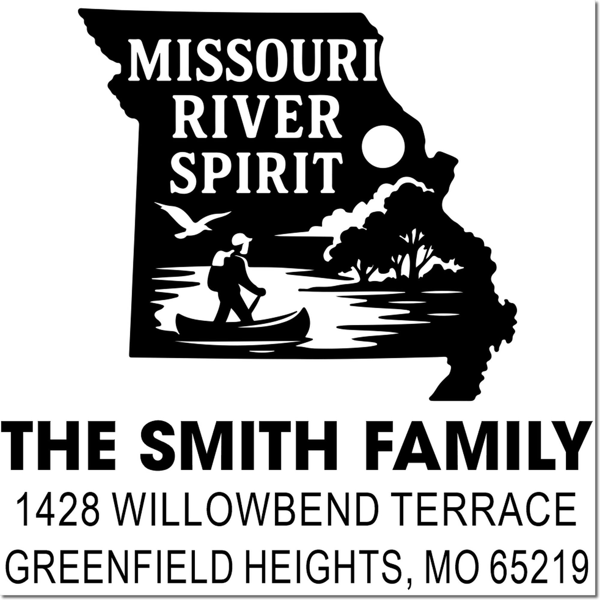 Custom Missouri River Spirit family address stamp in Missouri state shape for The Smith Family, Greenfield Heights, MO 65219.