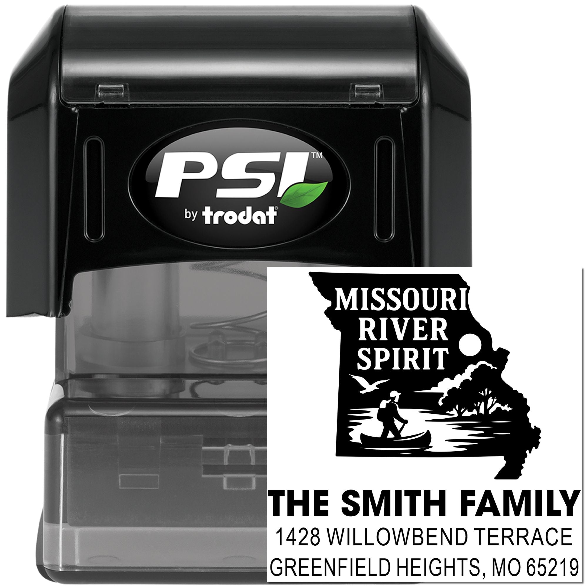 Custom PSI by Trodat self-inking rubber stamp for Missouri River Spirit family address and return address use.