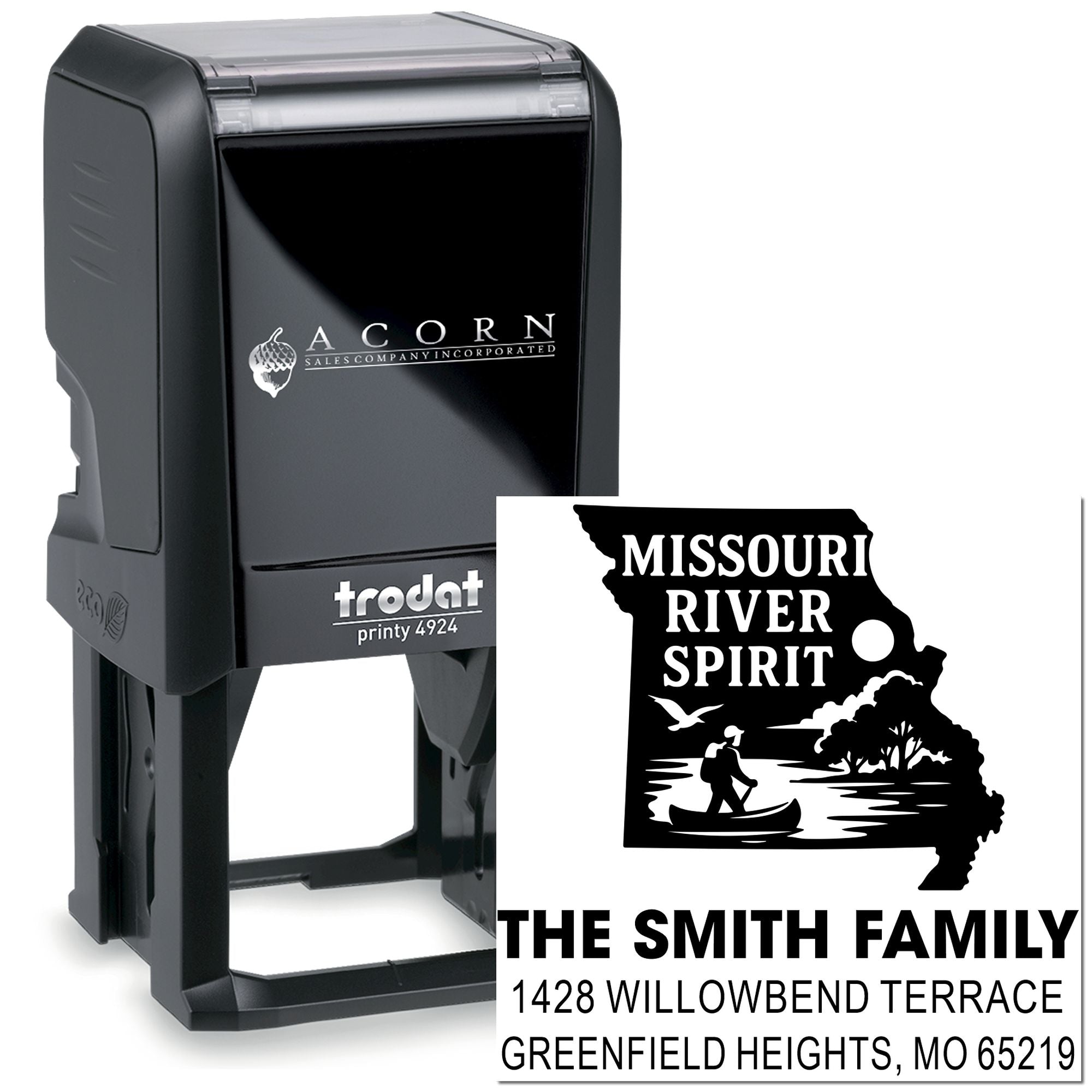 Custom self-inking rubber stamp with Missouri River Spirit return address for The Smith Family, Greenfield Heights, MO.