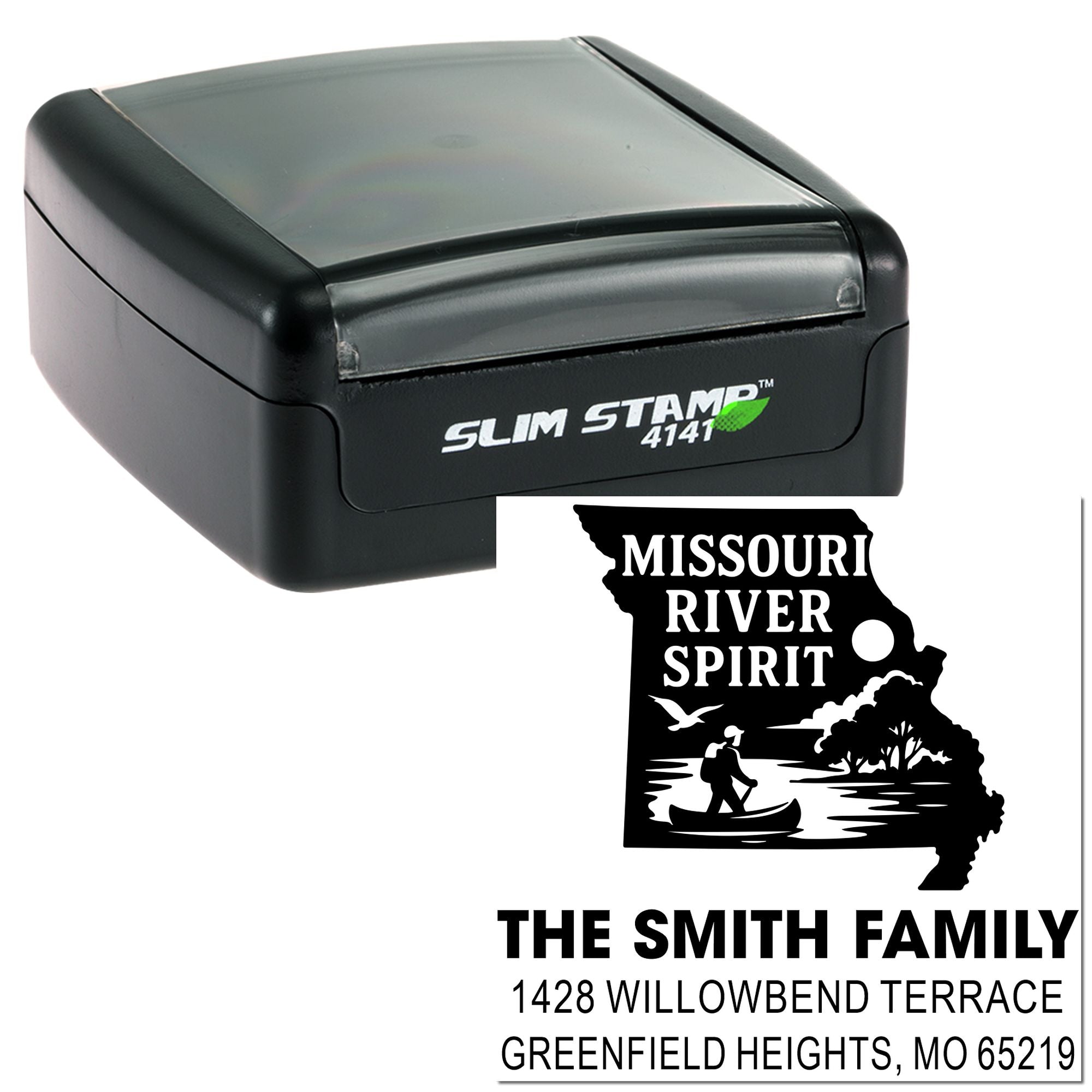 Custom self-inking rubber stamp with Missouri state design and The Smith Family return address
