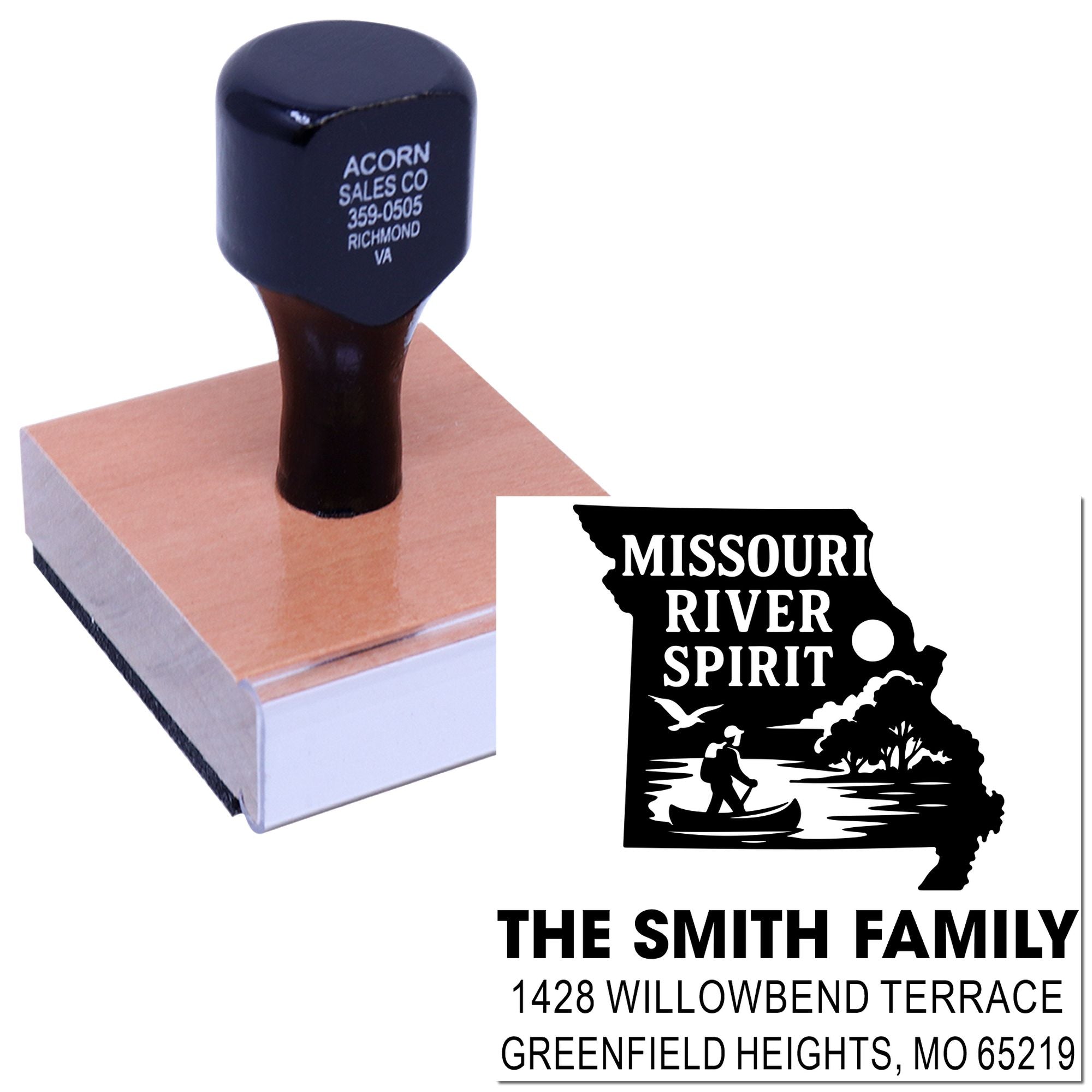 Custom wooden handle address rubber stamp mockup showing Missouri River Spirit design for The Smith Family.