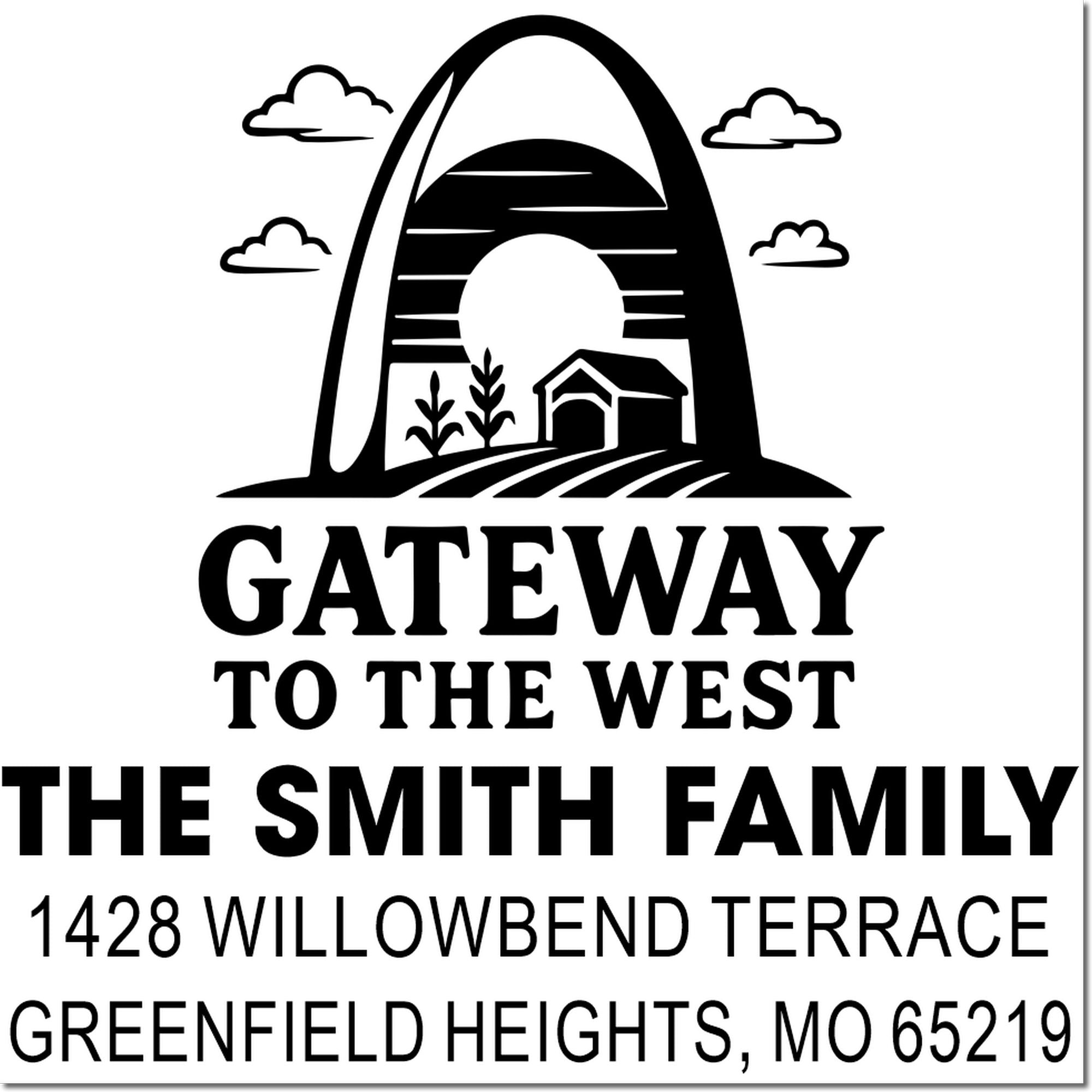 Custom return address rubber stamp featuring Gateway to the West design for The Smith Family in Greenfield Heights, MO 65219.