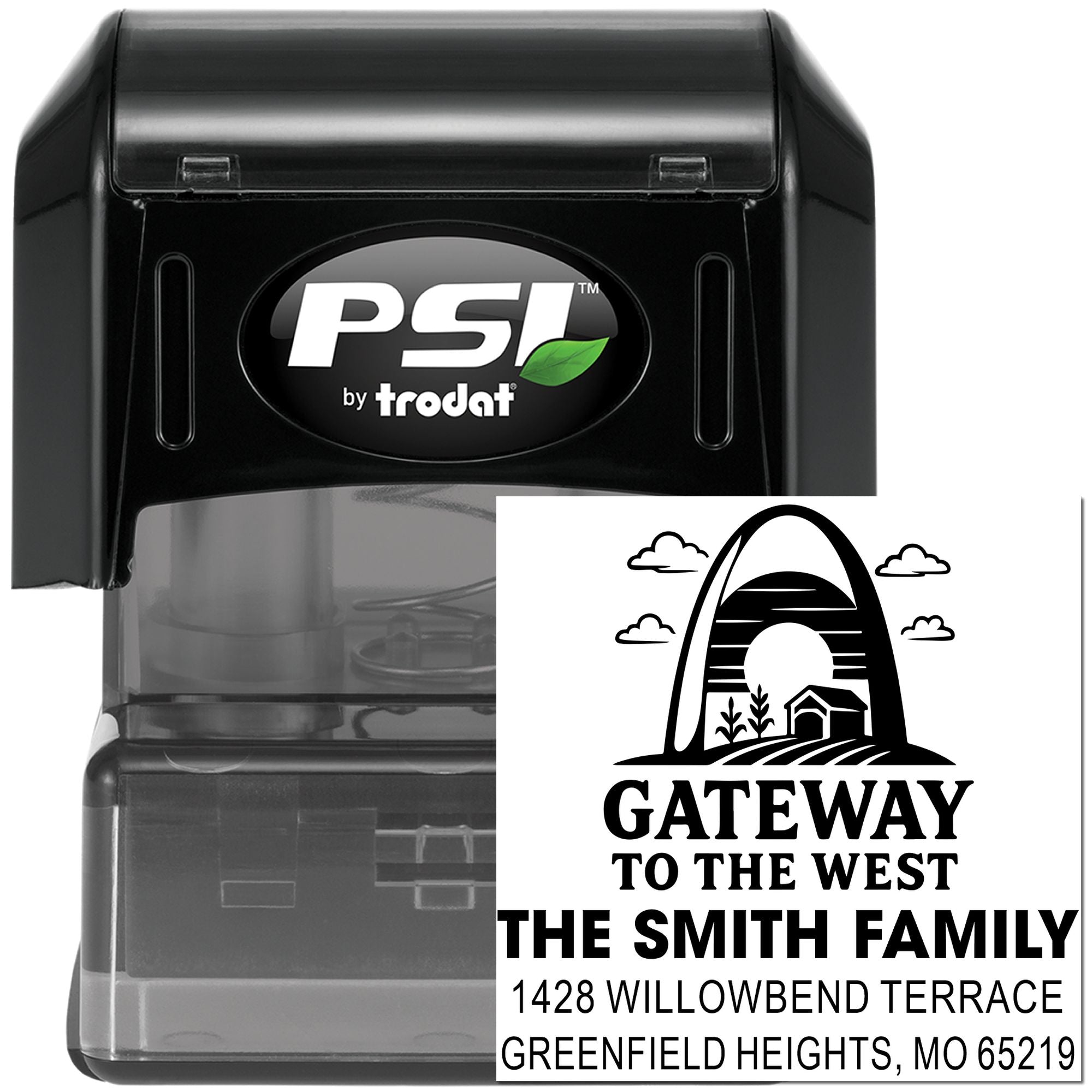PSI by Trodat personalized return address rubber stamp with custom family name, logo, and mailing address imprint.