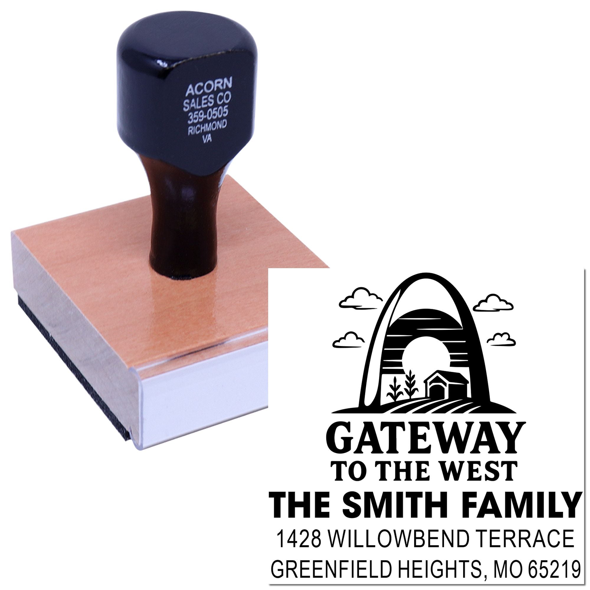 Custom address rubber stamp with family logo, name, and address for personalized home or business mailing.