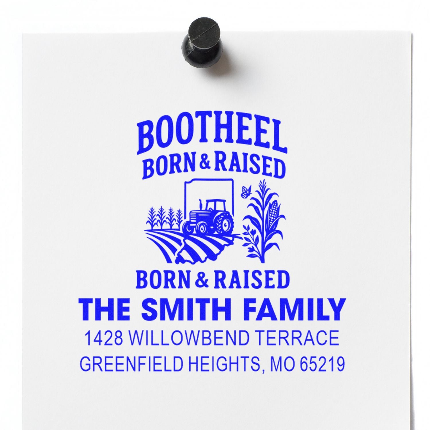 Personalized custom rubber stamp for The Smith Family, Bootheel Born & Raised farm design with Greenfield Heights, MO address.