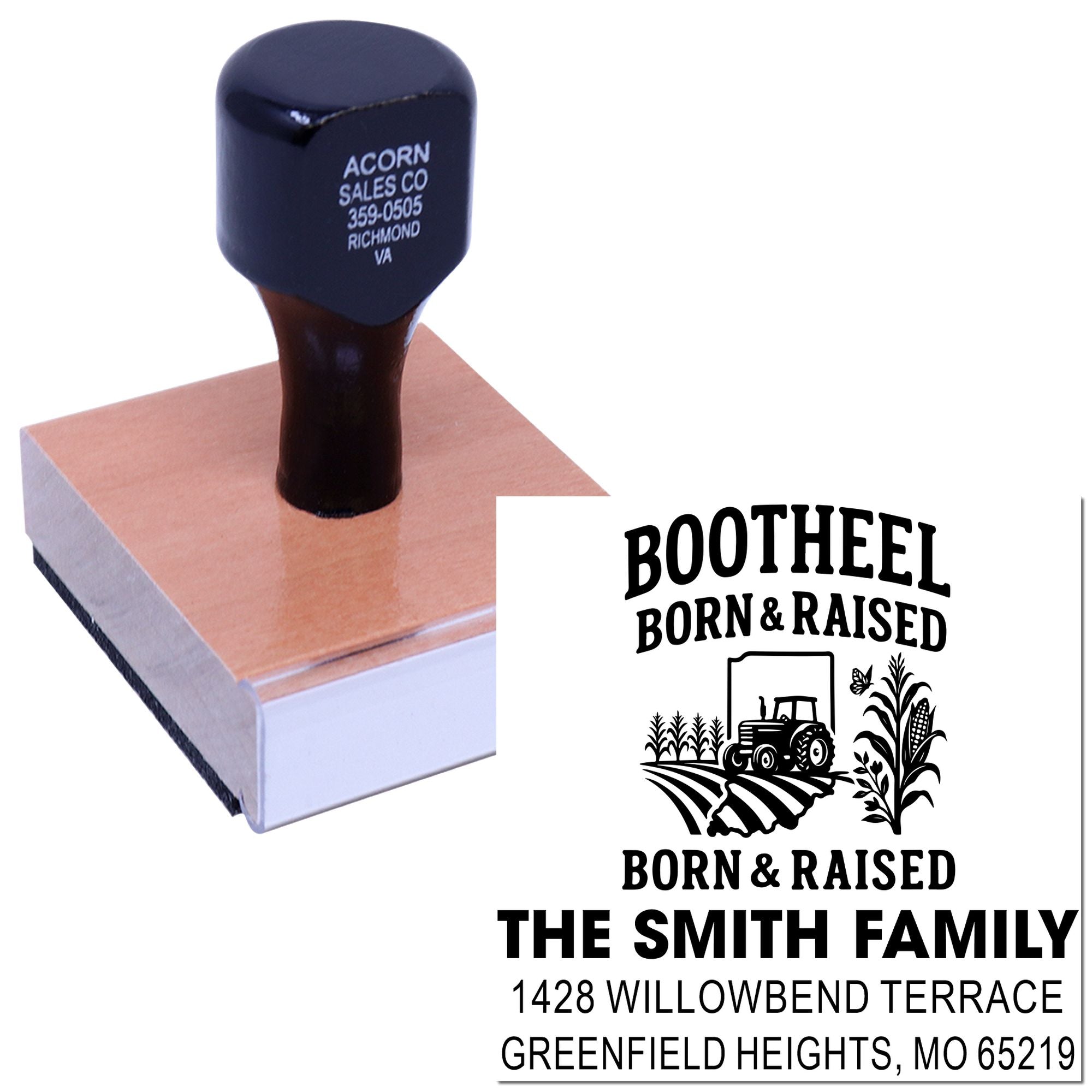 Custom rubber stamp with Bootheel Born & Raised farm design and Smith family return address.