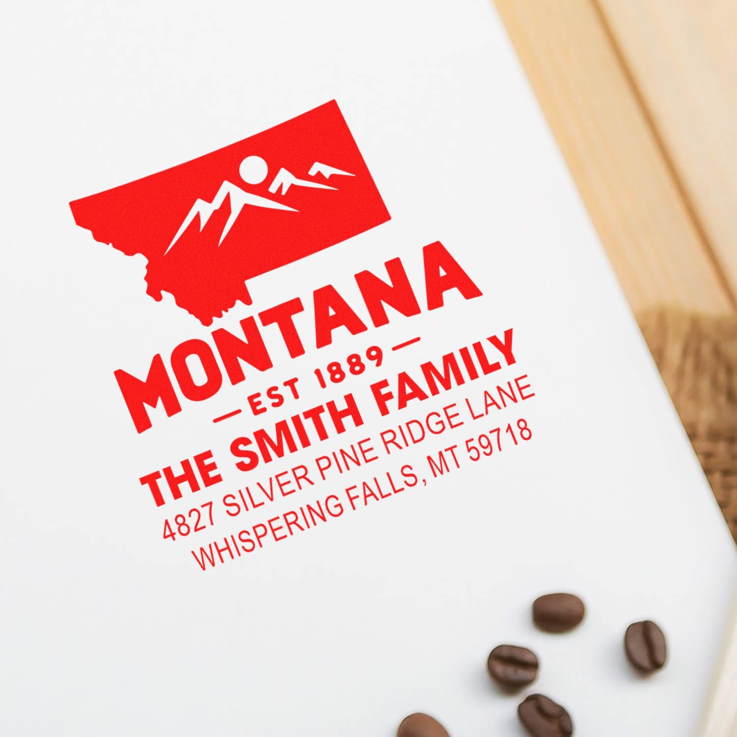 Custom Montana family return address rubber stamp with mountain logo for personalized mail, invitations, and stationery.
