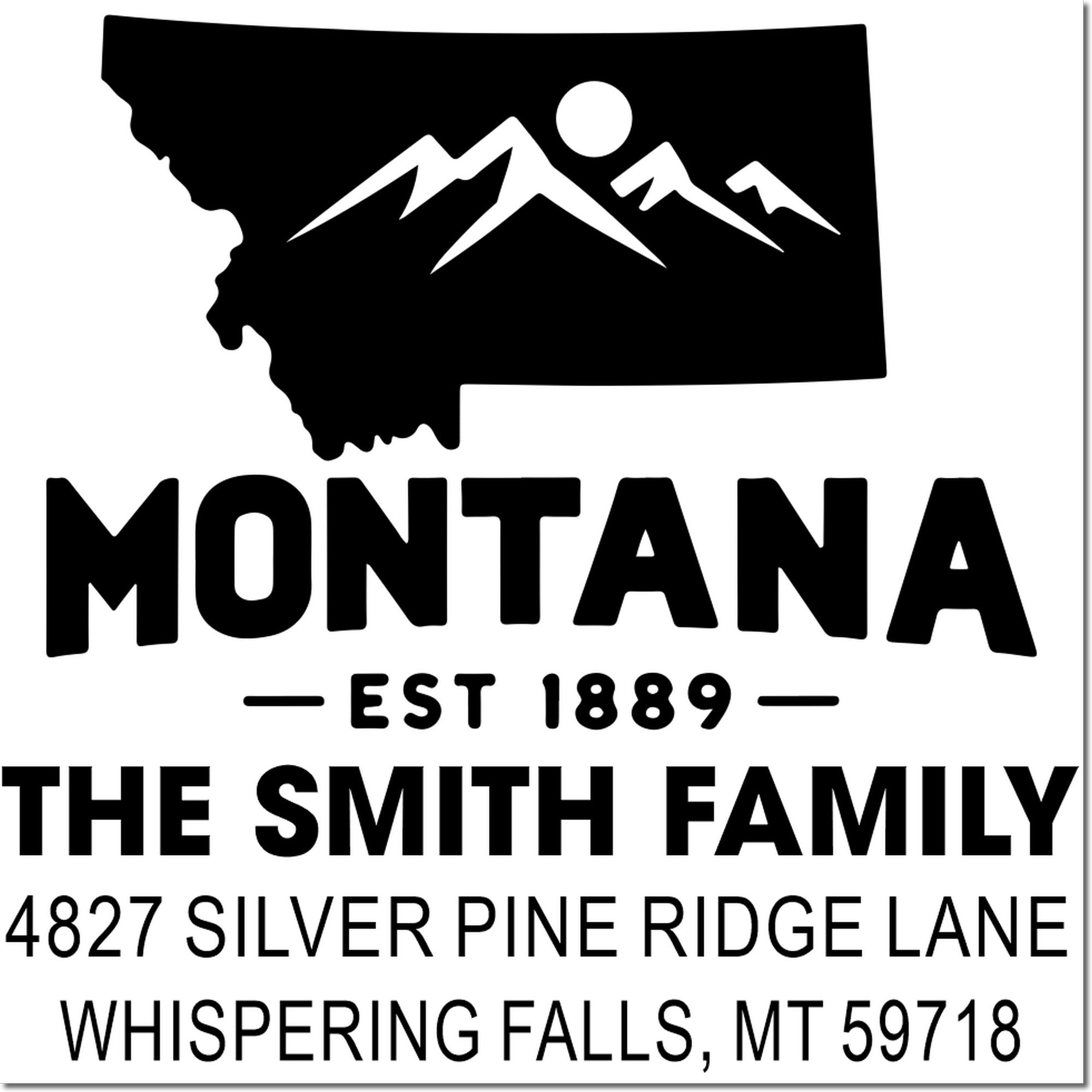 Custom Montana family return address rubber stamp with mountain logo, Est. 1889, for The Smith Family.