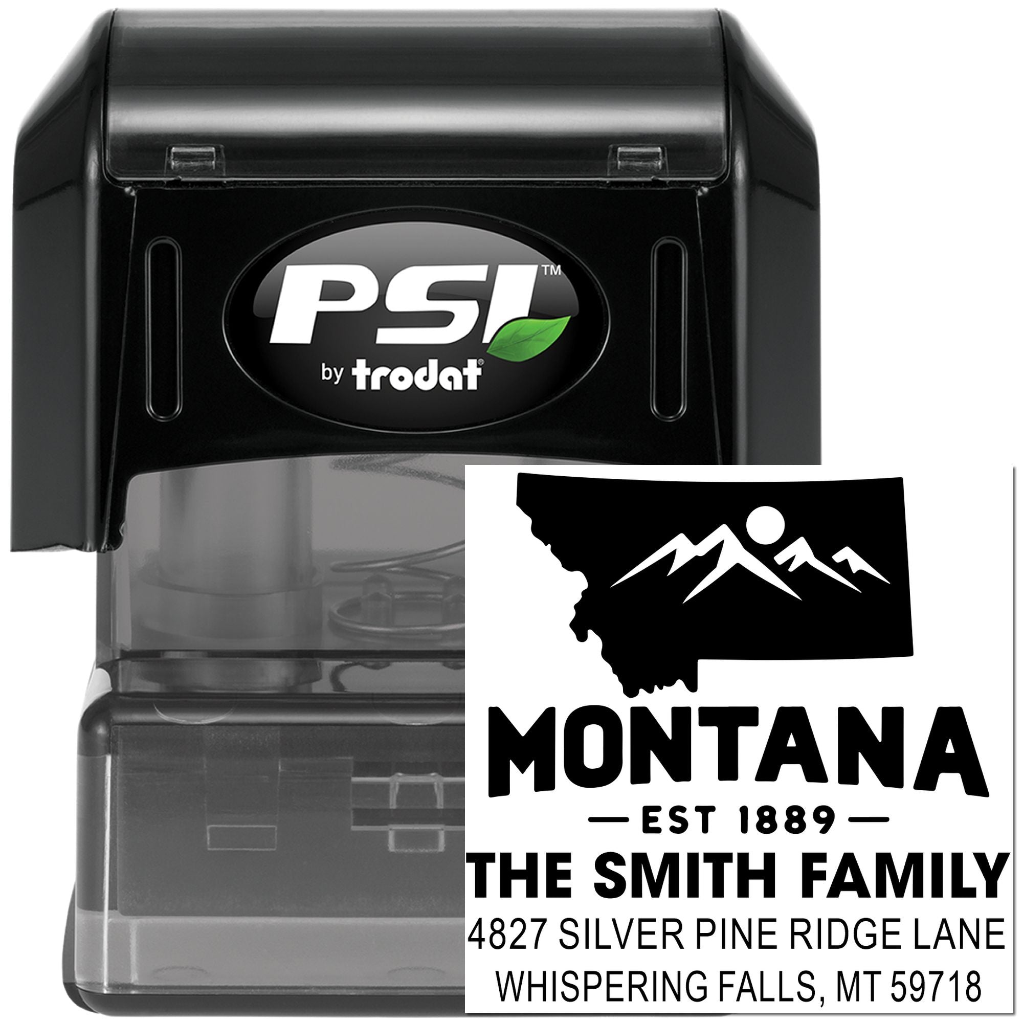 Custom self-inking rubber address stamp with Montana family return address design by PSI by Trodat