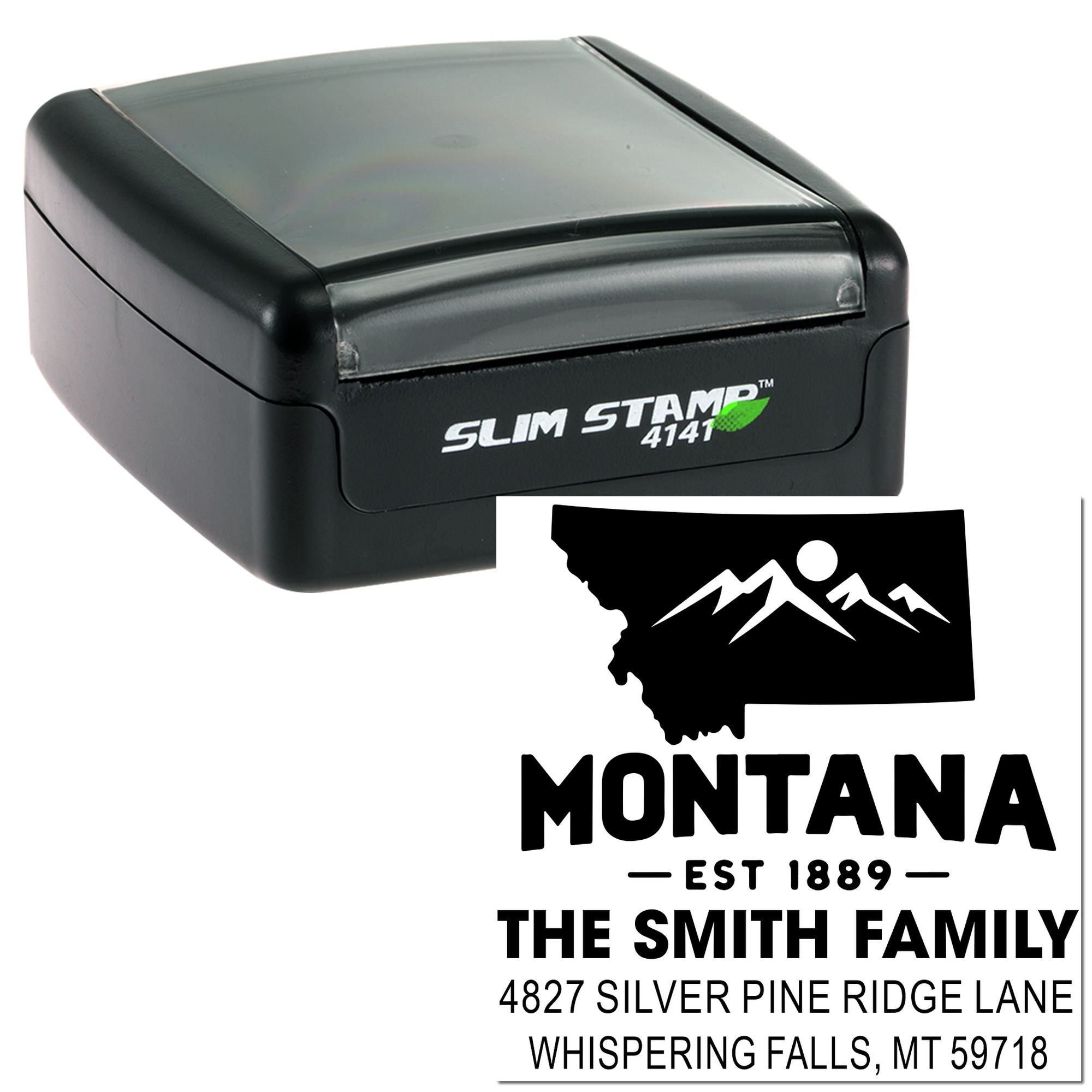 Slim Stamp 4141 self-inking rubber stamp for custom Montana address labels with mountain logo and return address.