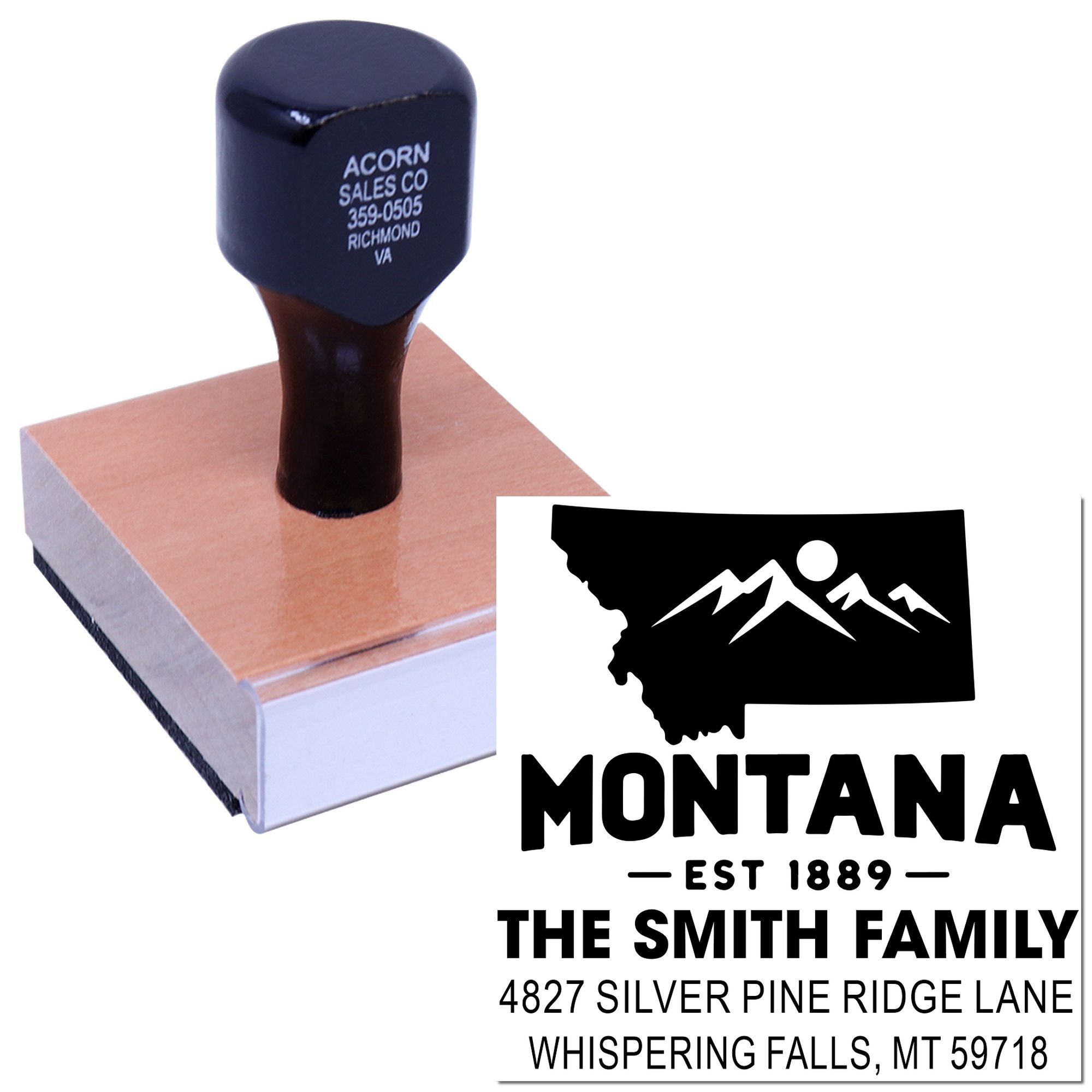 Custom Montana address rubber stamp with mountain logo and family name for personalized mail, business, and wedding invitations.