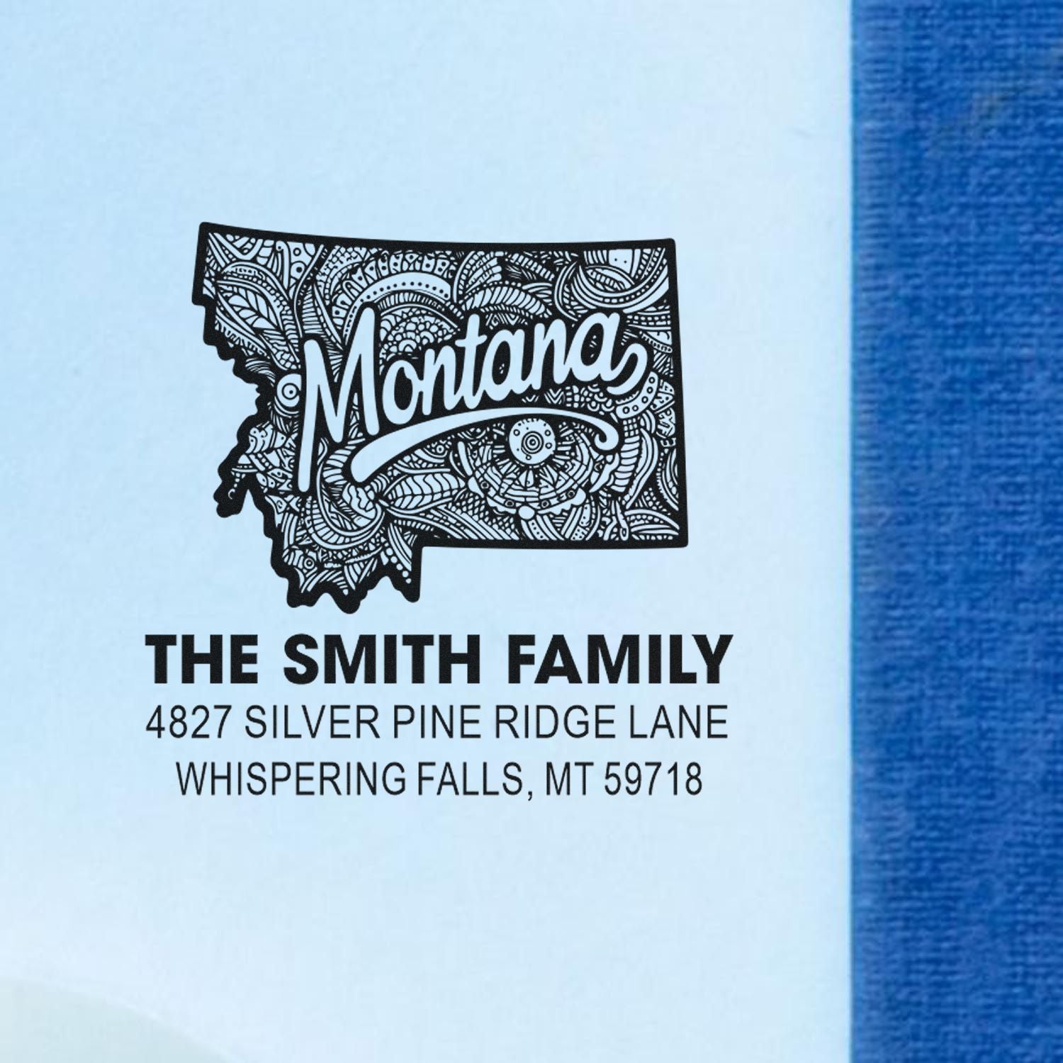 Custom Montana family return address rubber stamp with decorative state silhouette for The Smith Family.