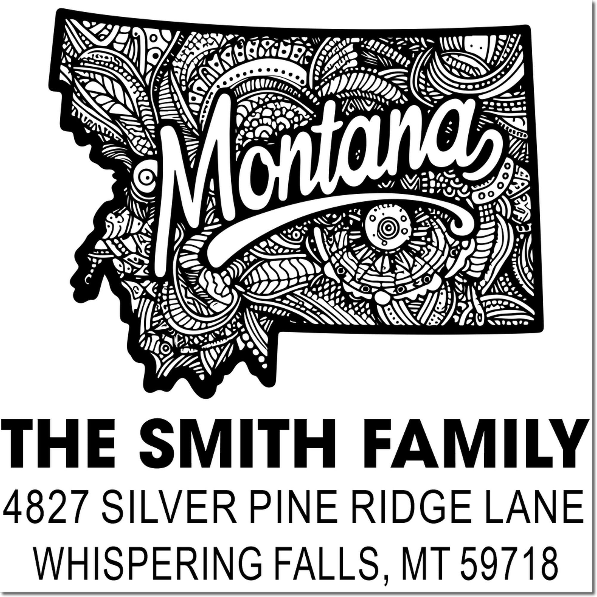 Custom Montana address rubber stamp for The Smith Family, with state outline and Whispering Falls, MT return address.