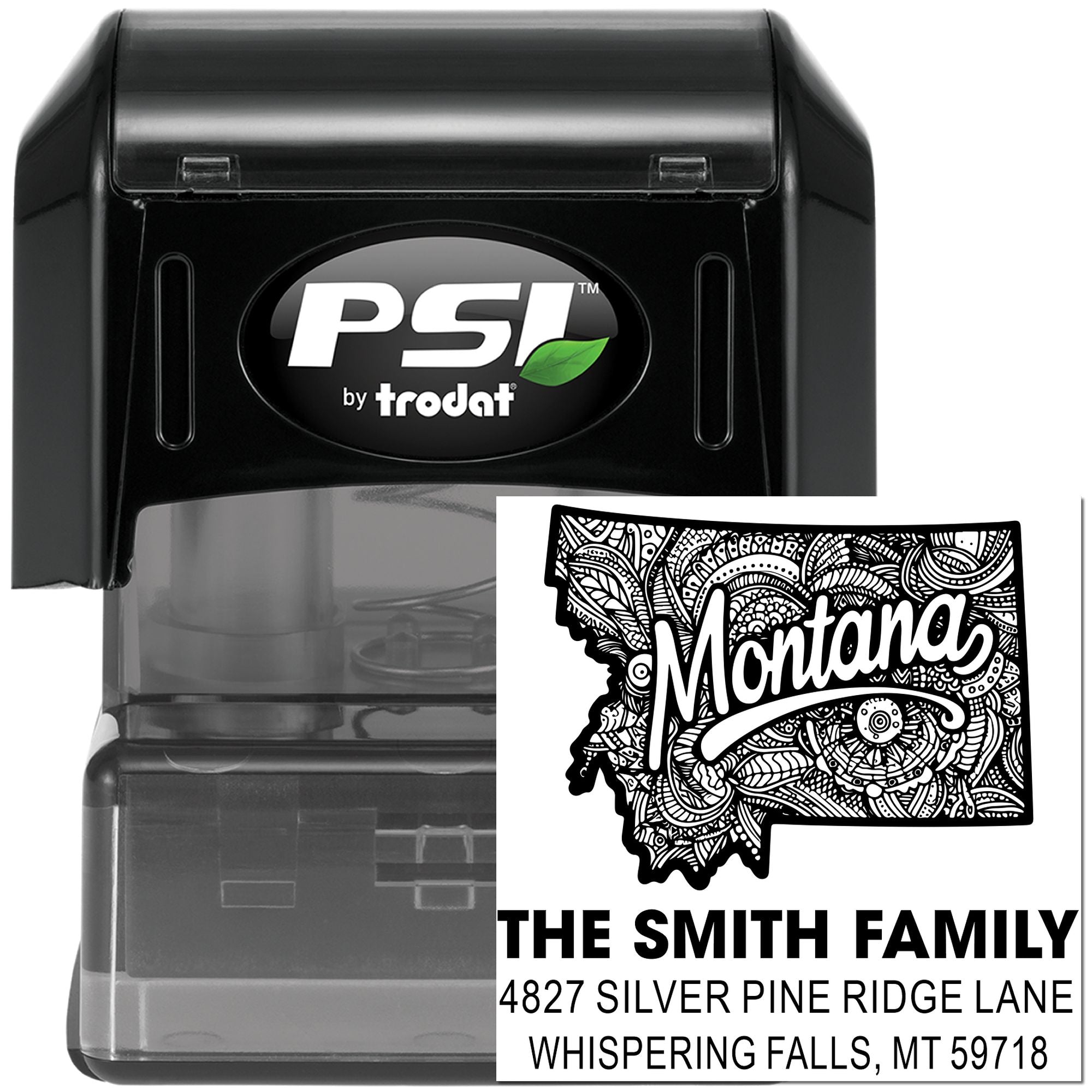 PSI by Trodat self-inking custom rubber stamp with Montana return address and family name design
