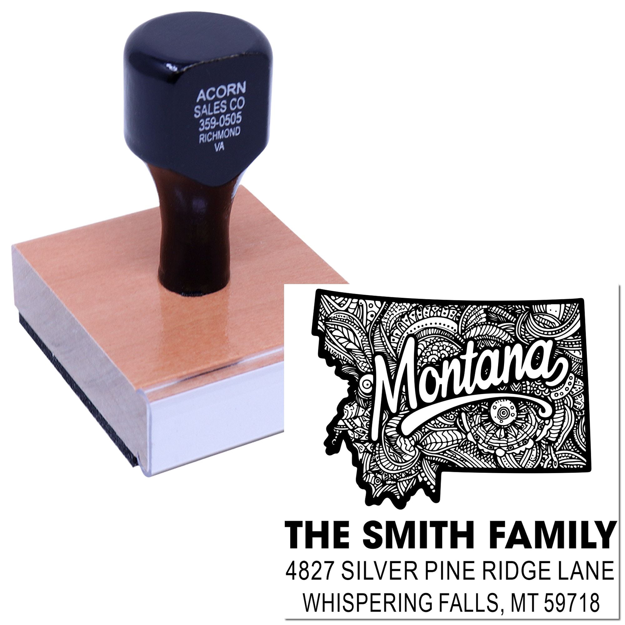 Custom rubber stamp with Montana state family return address design for personalized mailing