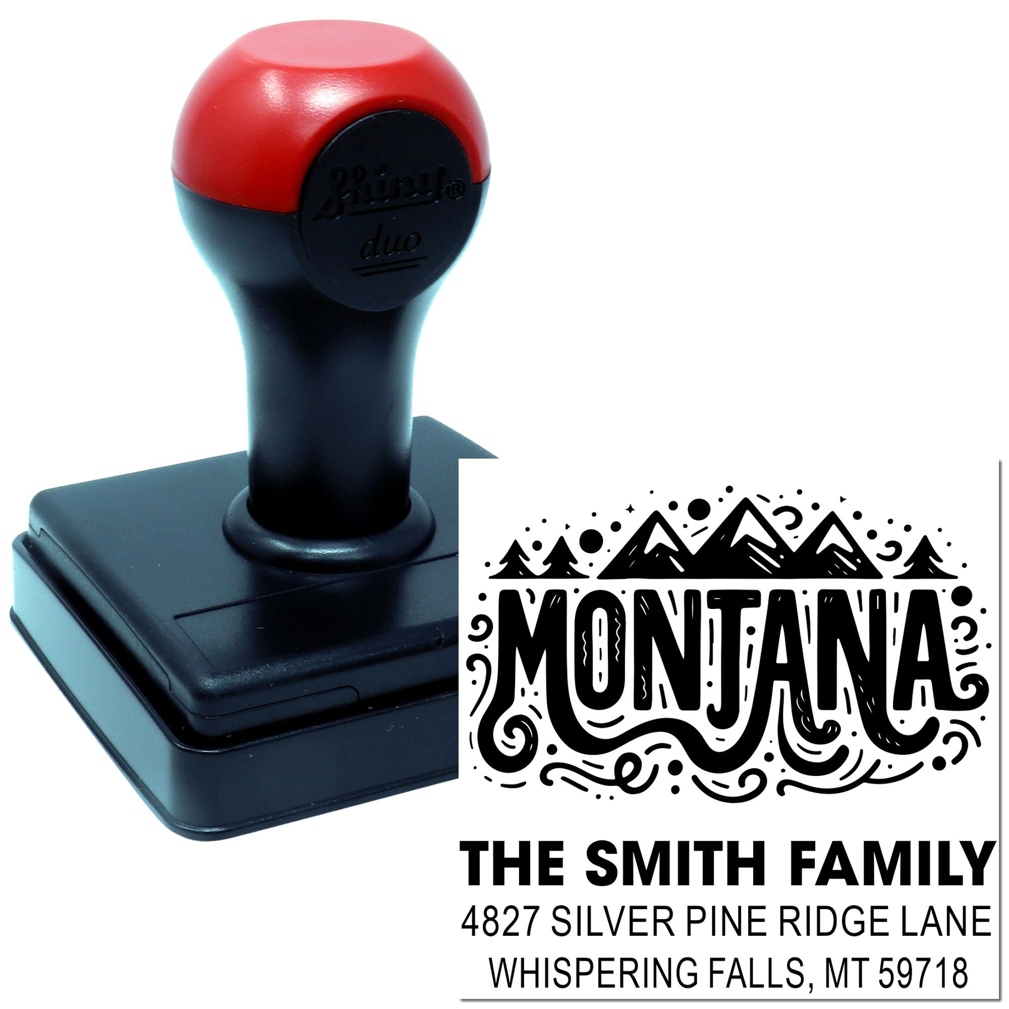 Custom self-inking address rubber stamp with Montana design for The Smith Family return address and mailing use.