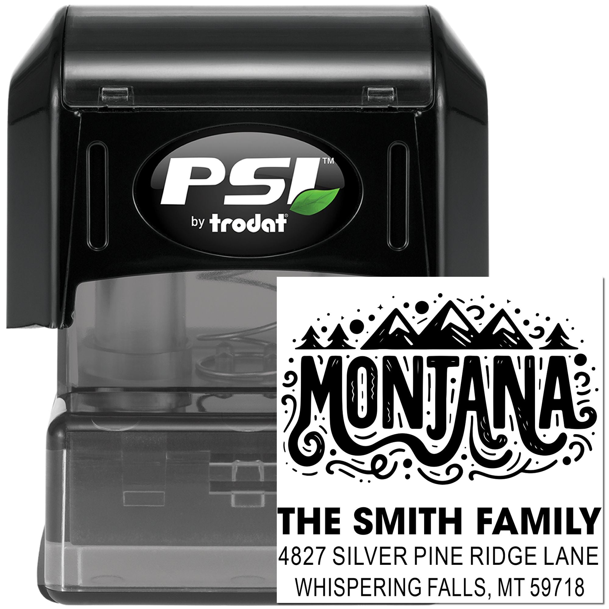 Personalized Montana family address rubber stamp with mountain design, name, and return address by PSI by Trodat.