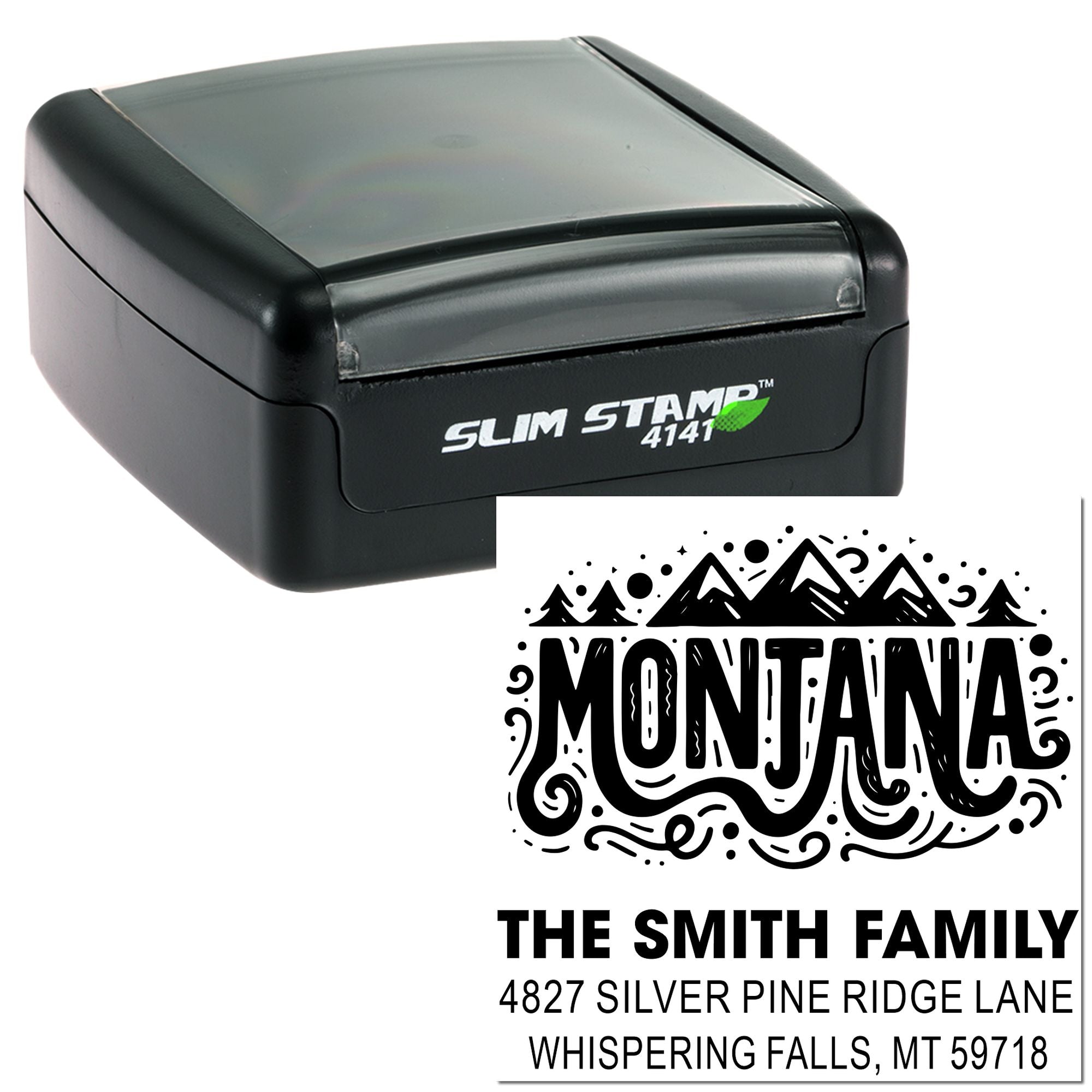 Custom Montana address rubber stamp with Slim Stamp 4141 self-inking case and mountain family return address design.