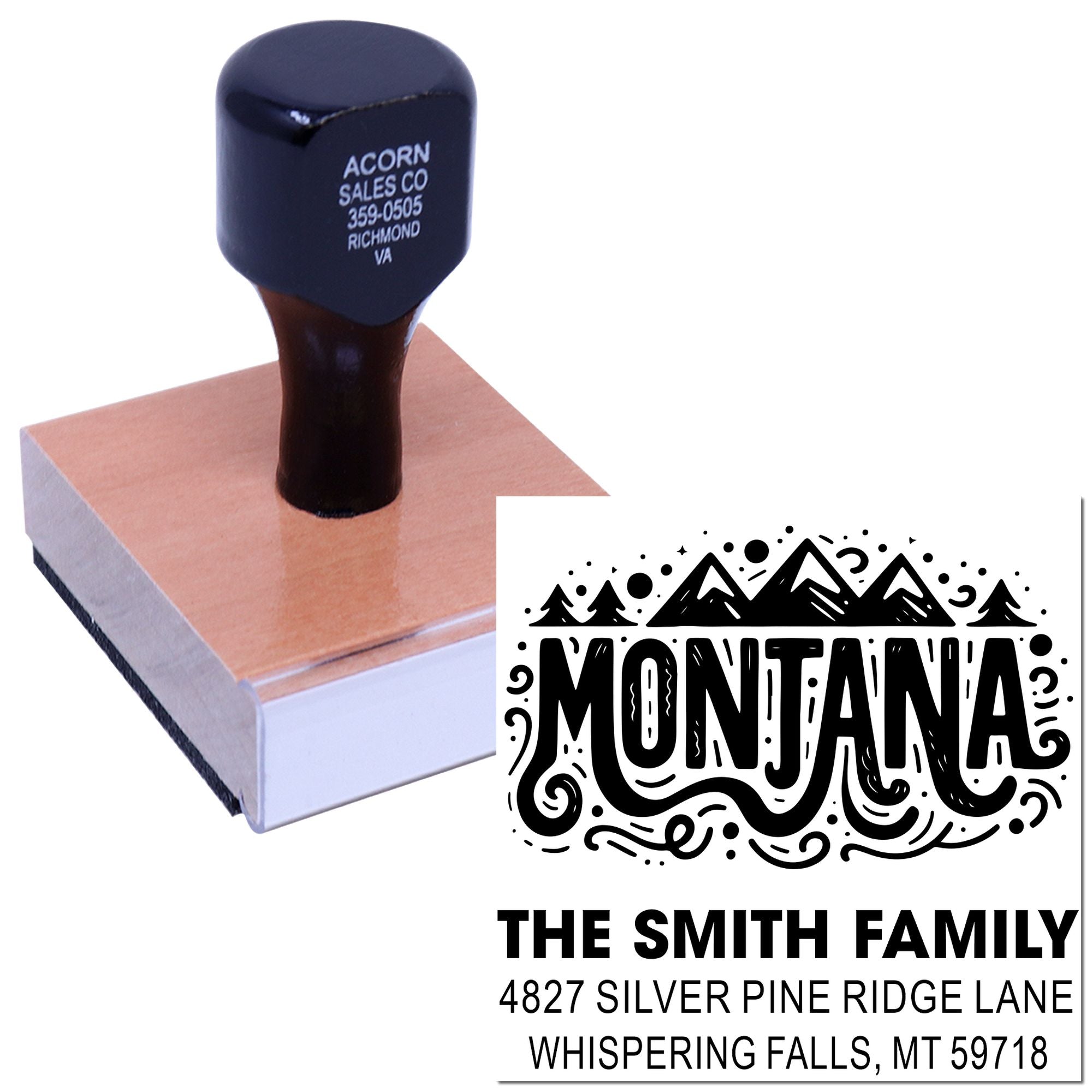 Custom Montana return address rubber stamp with mountain design for The Smith Family home use.