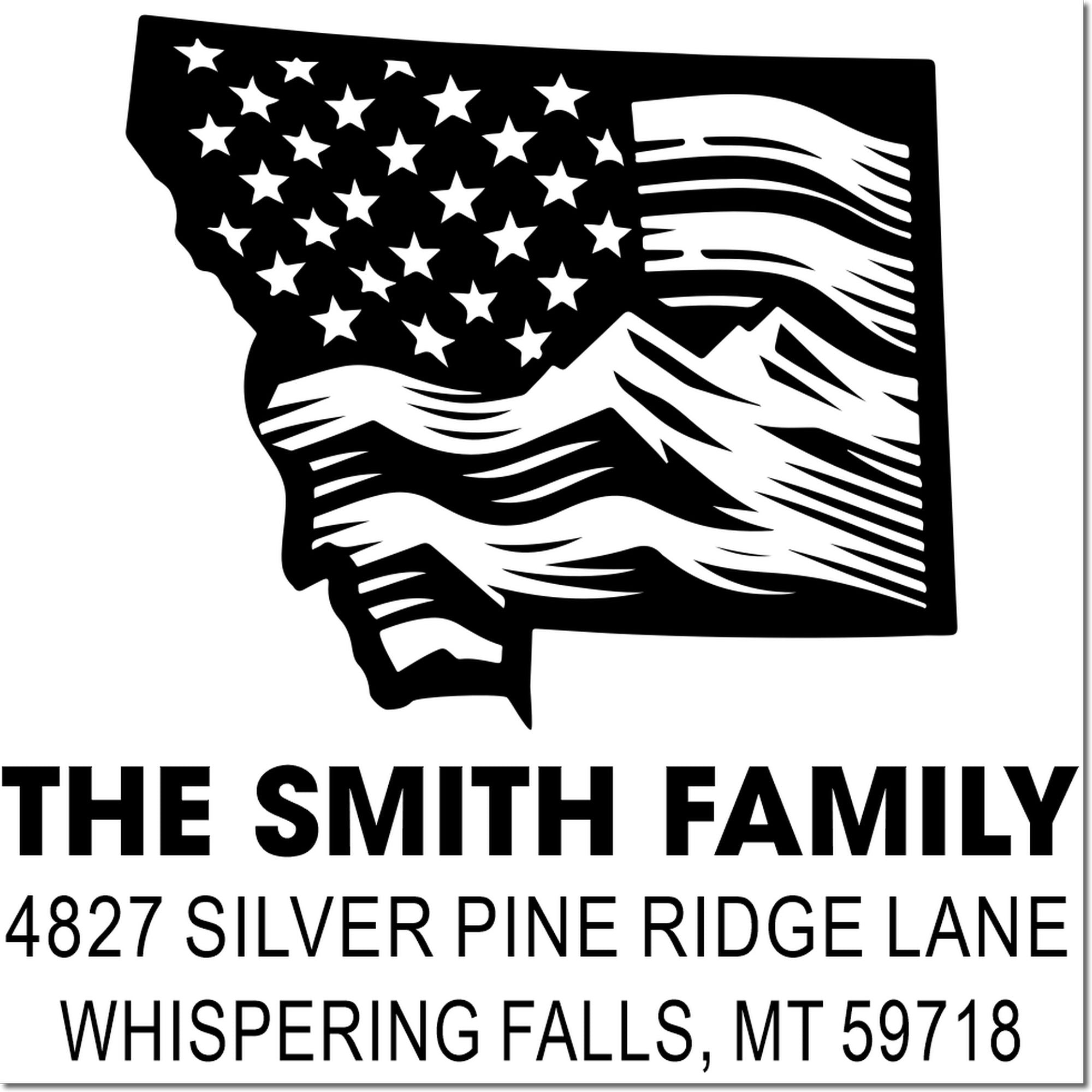 Custom Montana return address rubber stamp for The Smith Family, 4827 Silver Pine Ridge Ln, Whispering Falls, MT 59718