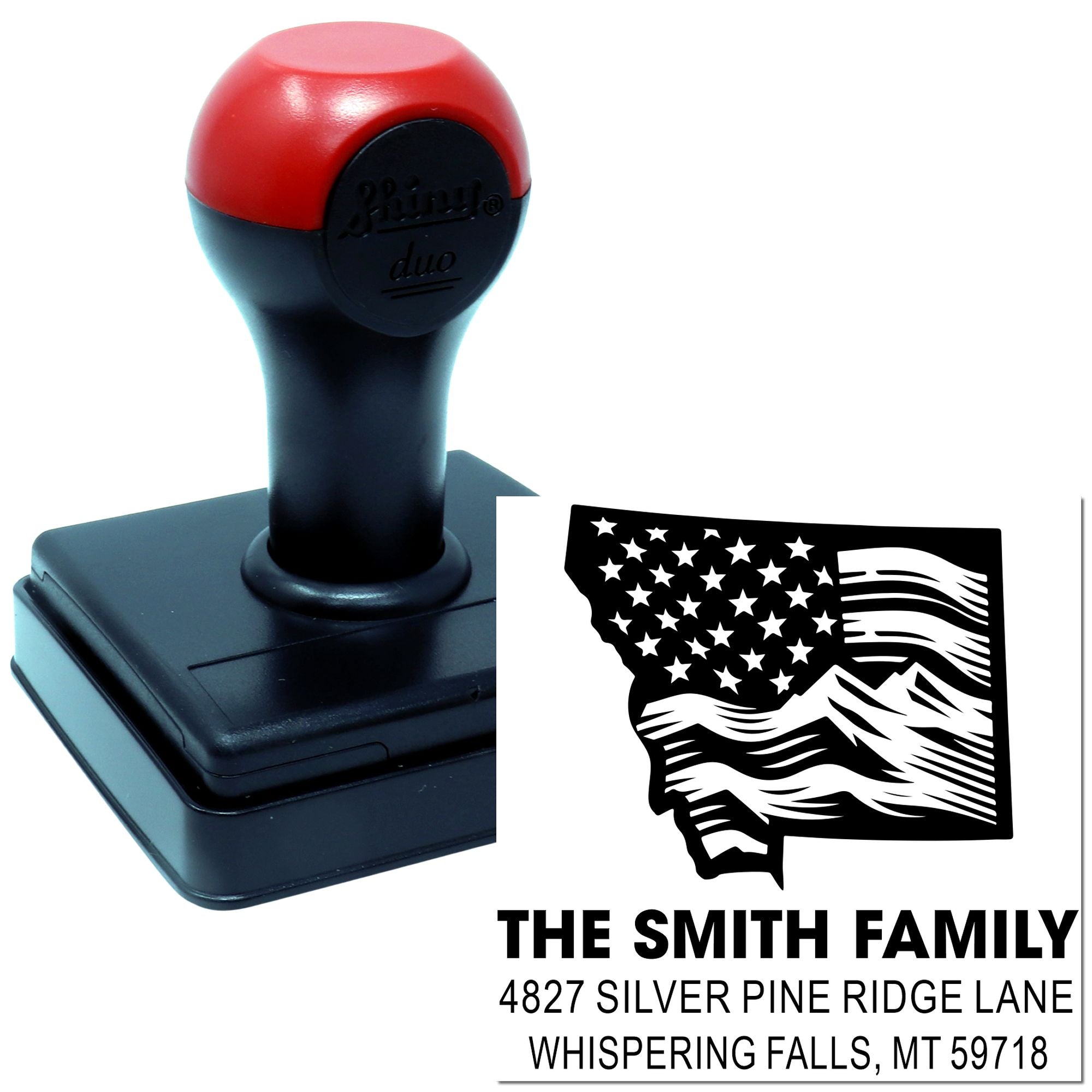 Custom self-inking rubber address stamp with family name, Montana return address, and state flag design.