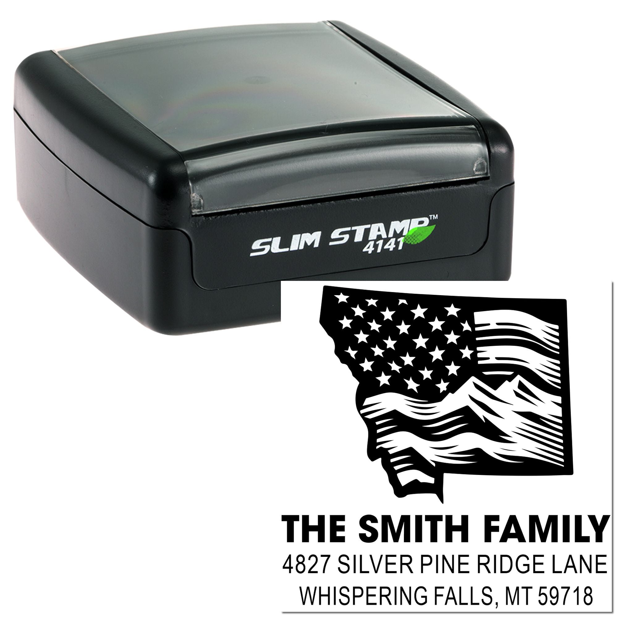 Custom self-inking return address stamp with Montana flag design for family mailing labels.