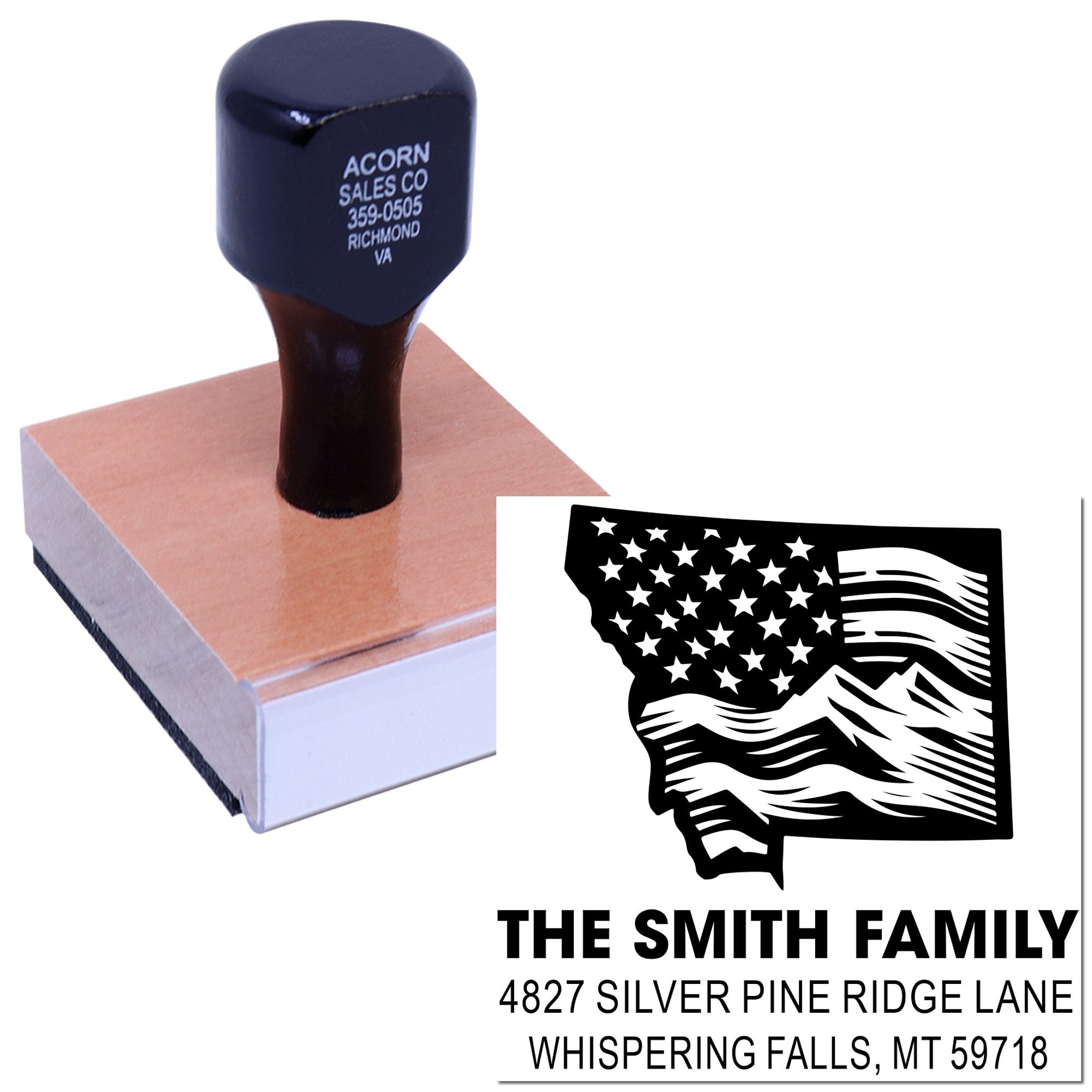 Custom self-inking rubber stamp with family logo and return address for personalized mail and business branding.