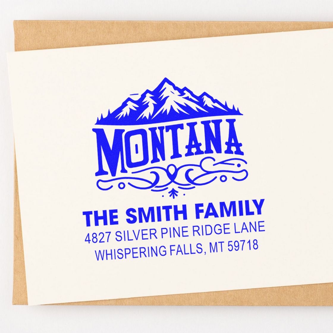 Custom Montana family return address rubber stamp with mountain logo for envelopes, stationery, and wedding mailings