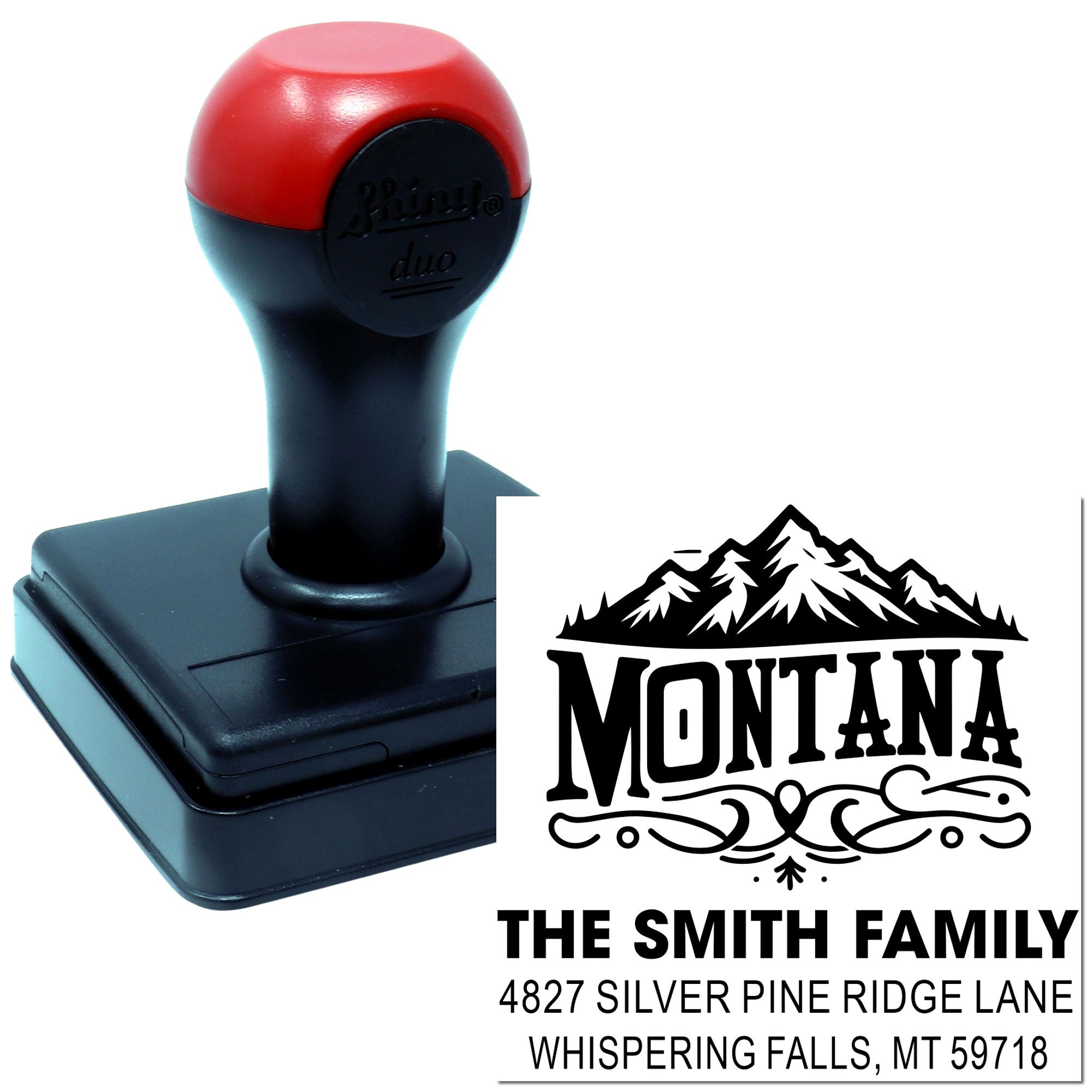 Custom self-inking address rubber stamp with Montana mountain design for The Smith Family return address.