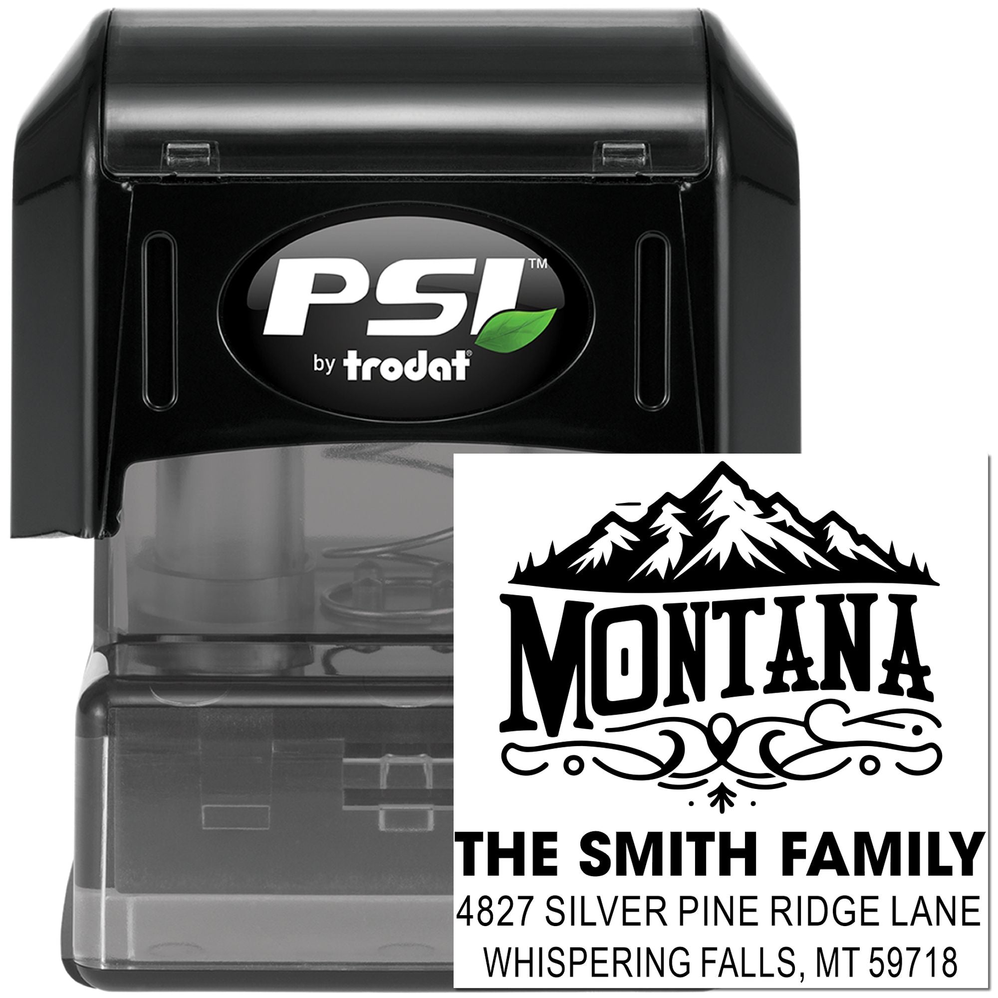 PSI by Trodat self-inking custom address stamp with Montana mountain design for family return mailing labels.