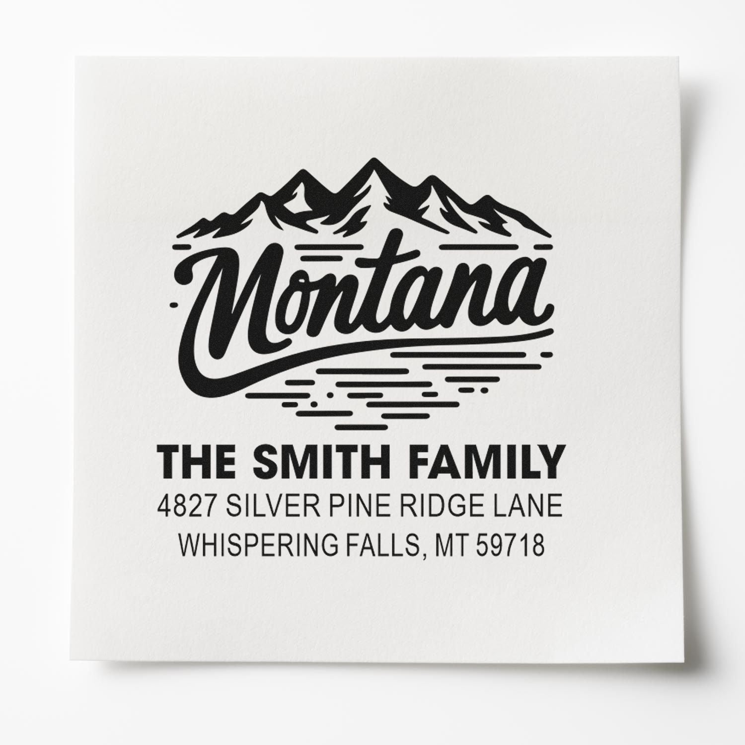 Personalized Montana family address rubber stamp with mountain logo, The Smith Family name, and Whispering Falls return address.