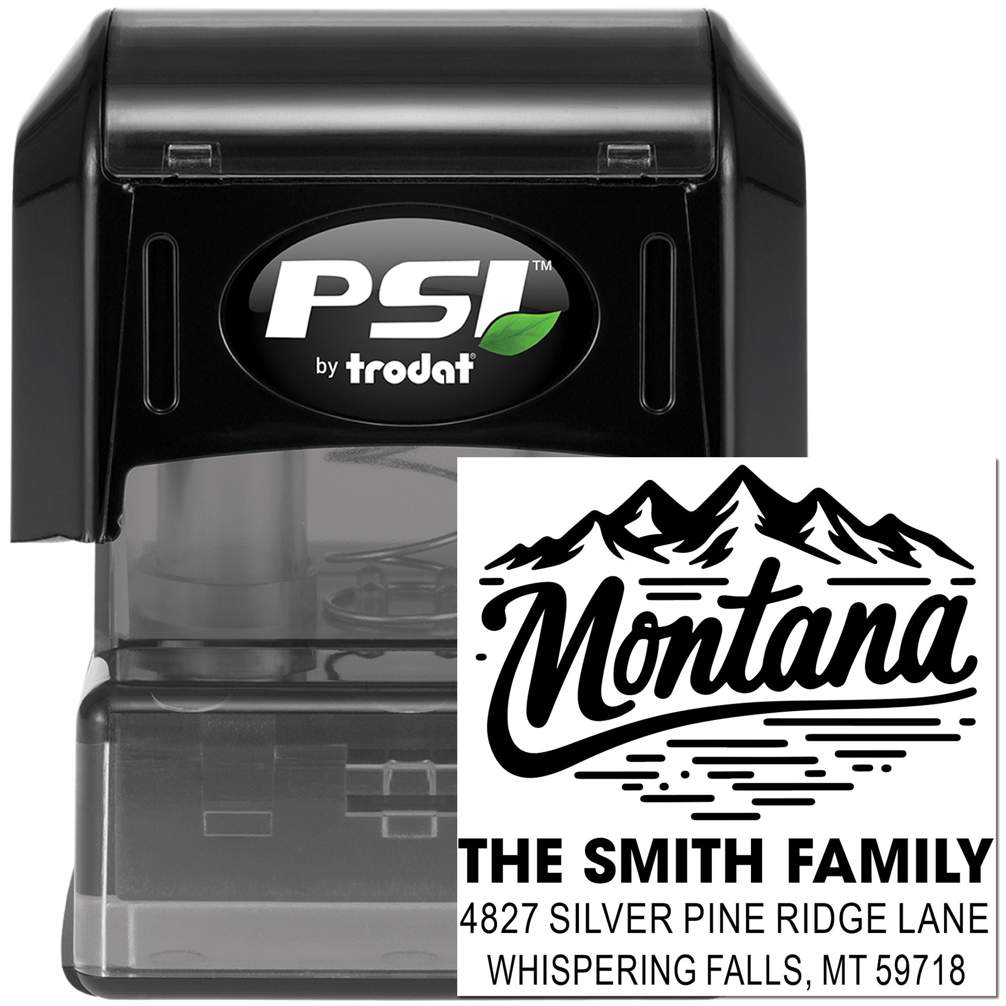 PSI by Trodat custom Montana self-inking return address stamp with mountain design for The Smith Family.