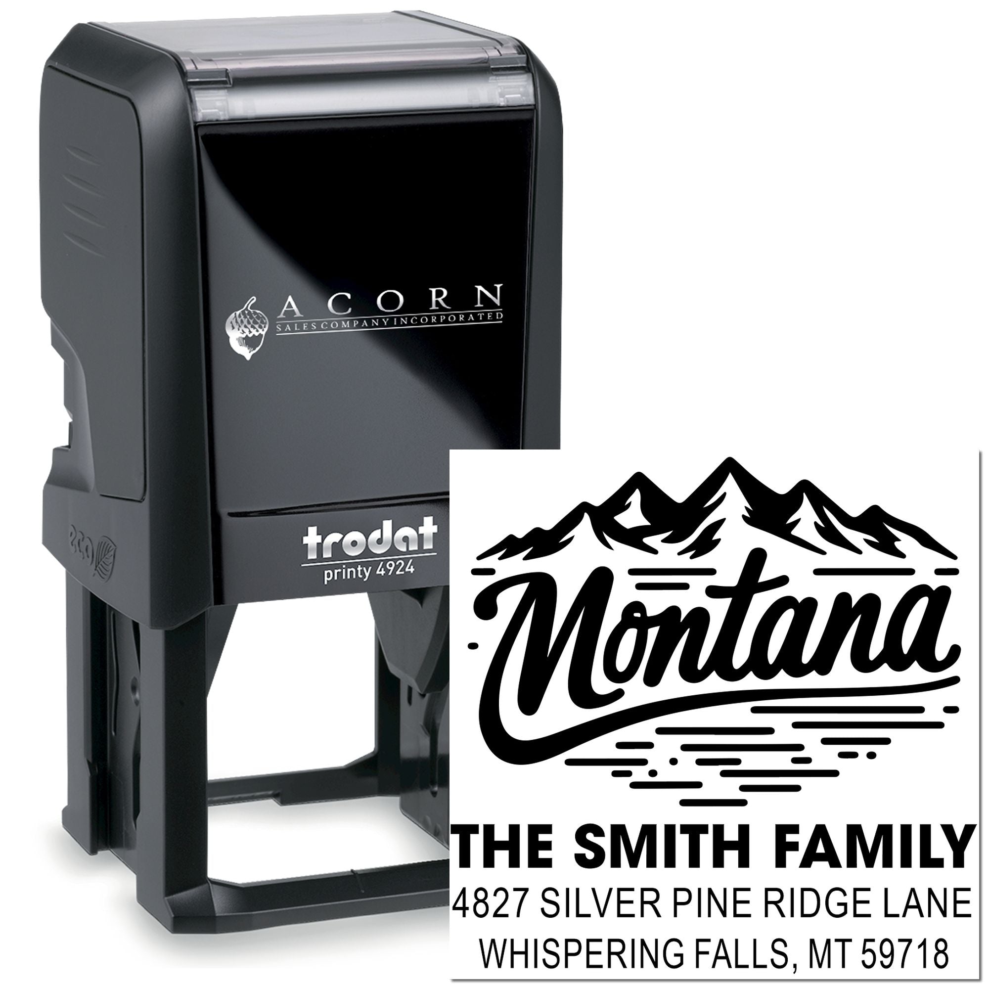 Custom self-inking rubber address stamp with Montana family name and return address for personalized mailing