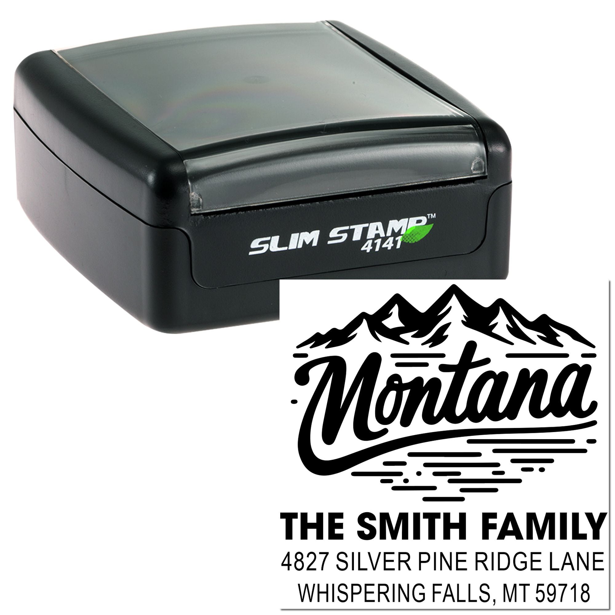 Custom Montana return address rubber stamp with mountain logo and Smith family address imprint for personalized mailing.