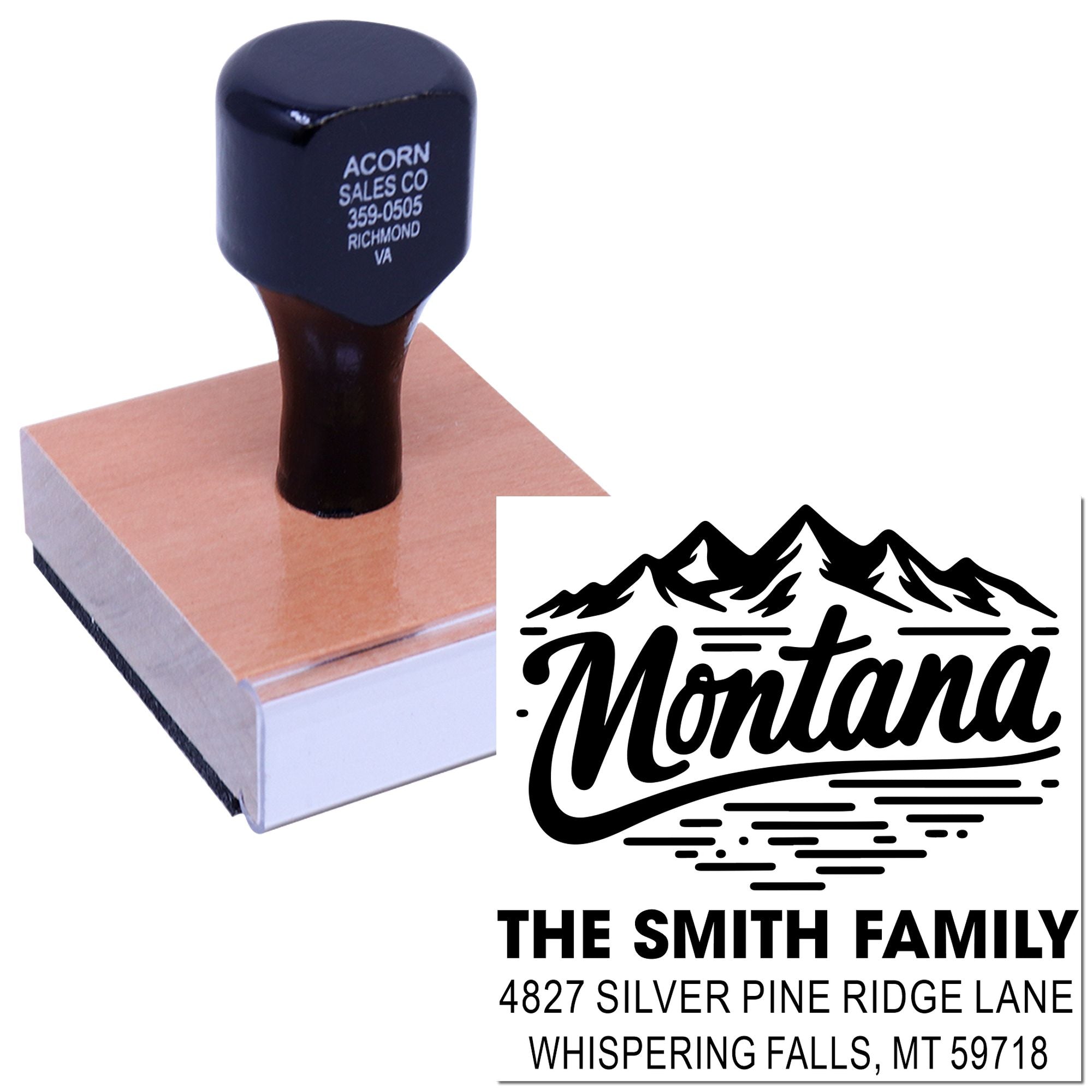 Custom Montana return address rubber stamp with mountain logo for The Smith Family