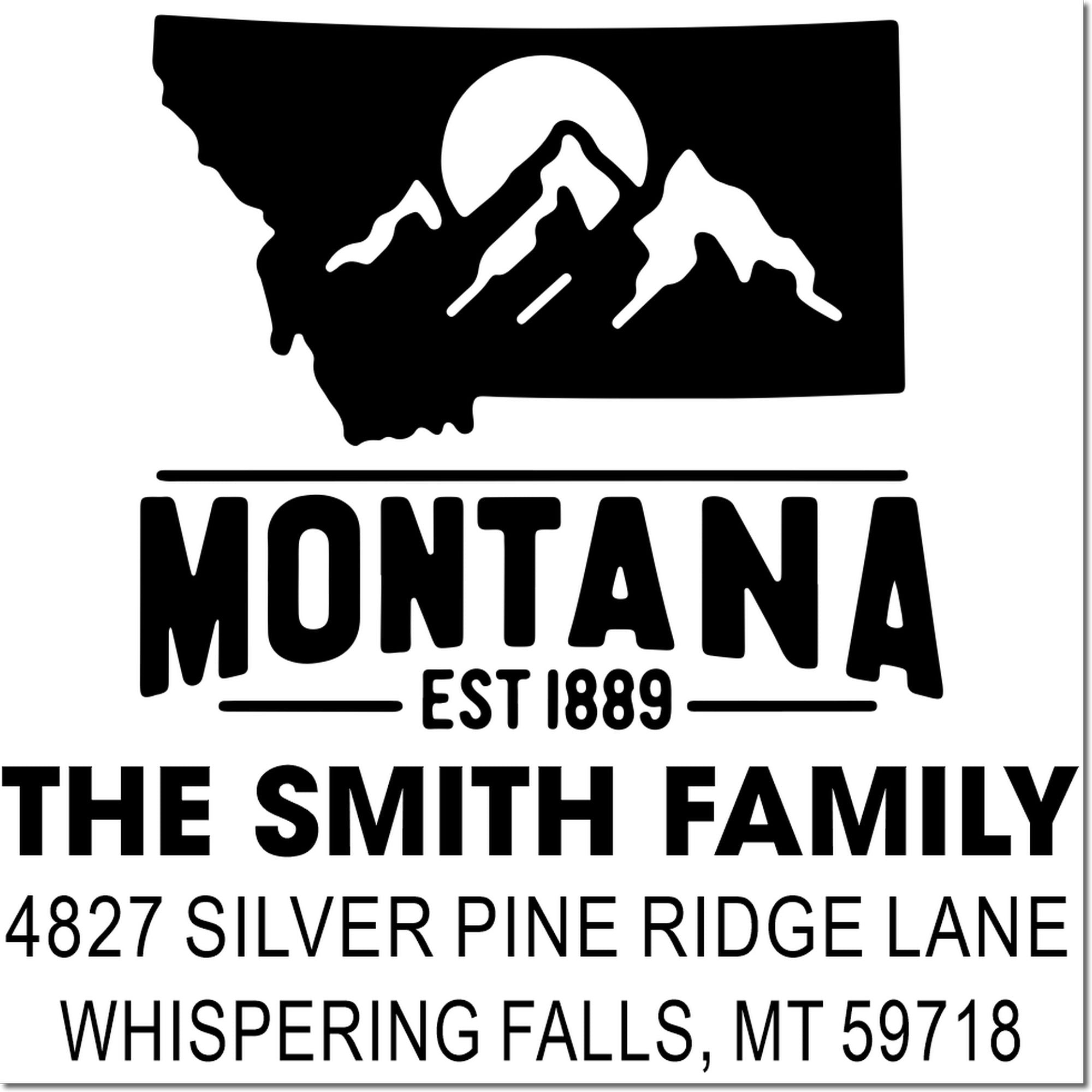 Custom Montana return address rubber stamp for The Smith Family, Whispering Falls, MT 59718, with mountain logo.