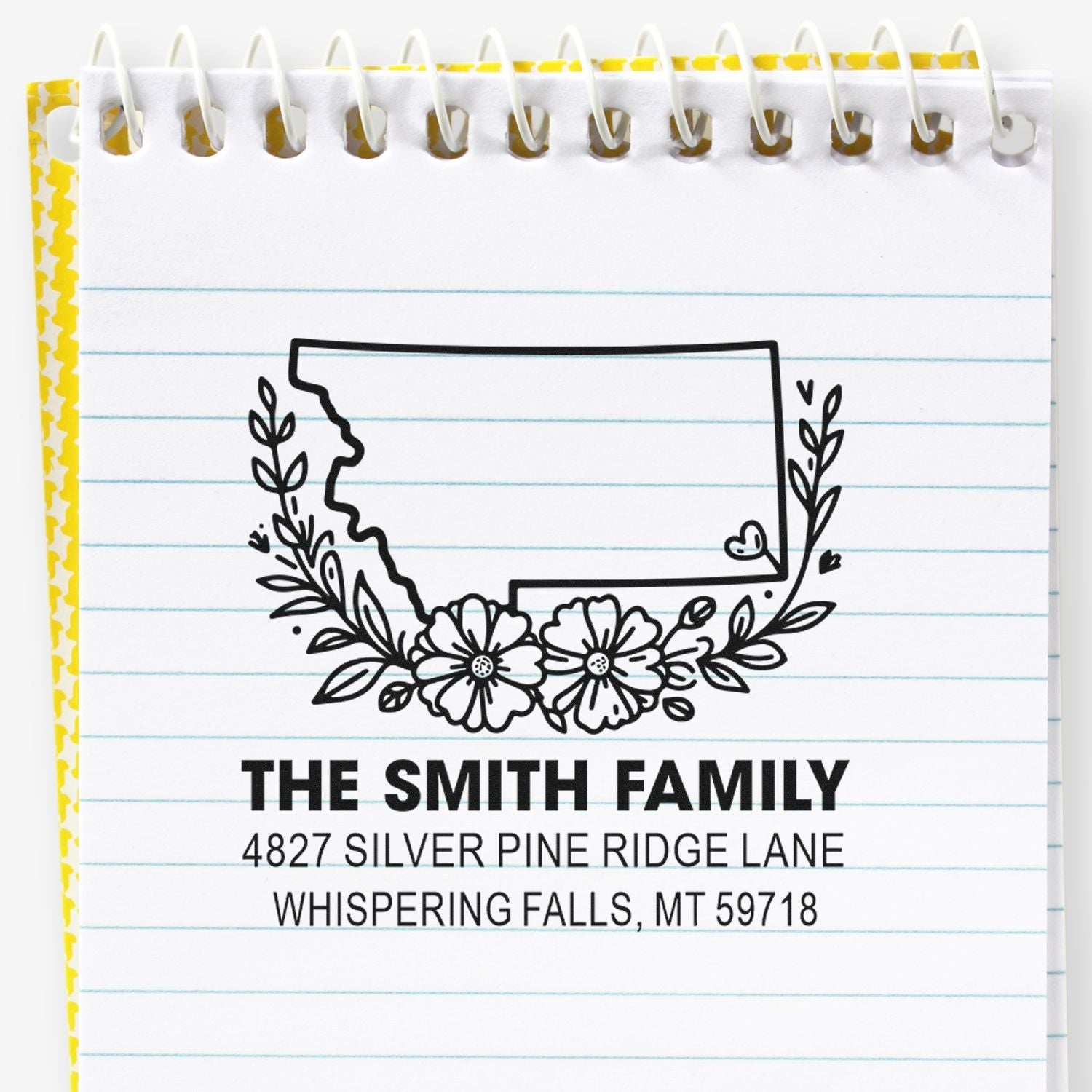 Personalized family return address rubber stamp with Montana floral state outline and custom name and address.