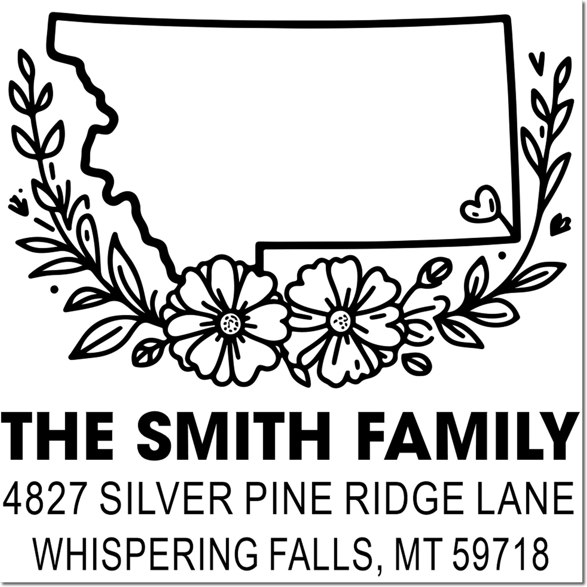 Personalized floral return address rubber stamp for The Smith Family, with Montana outline and 4827 Silver Pine Ridge Lane.