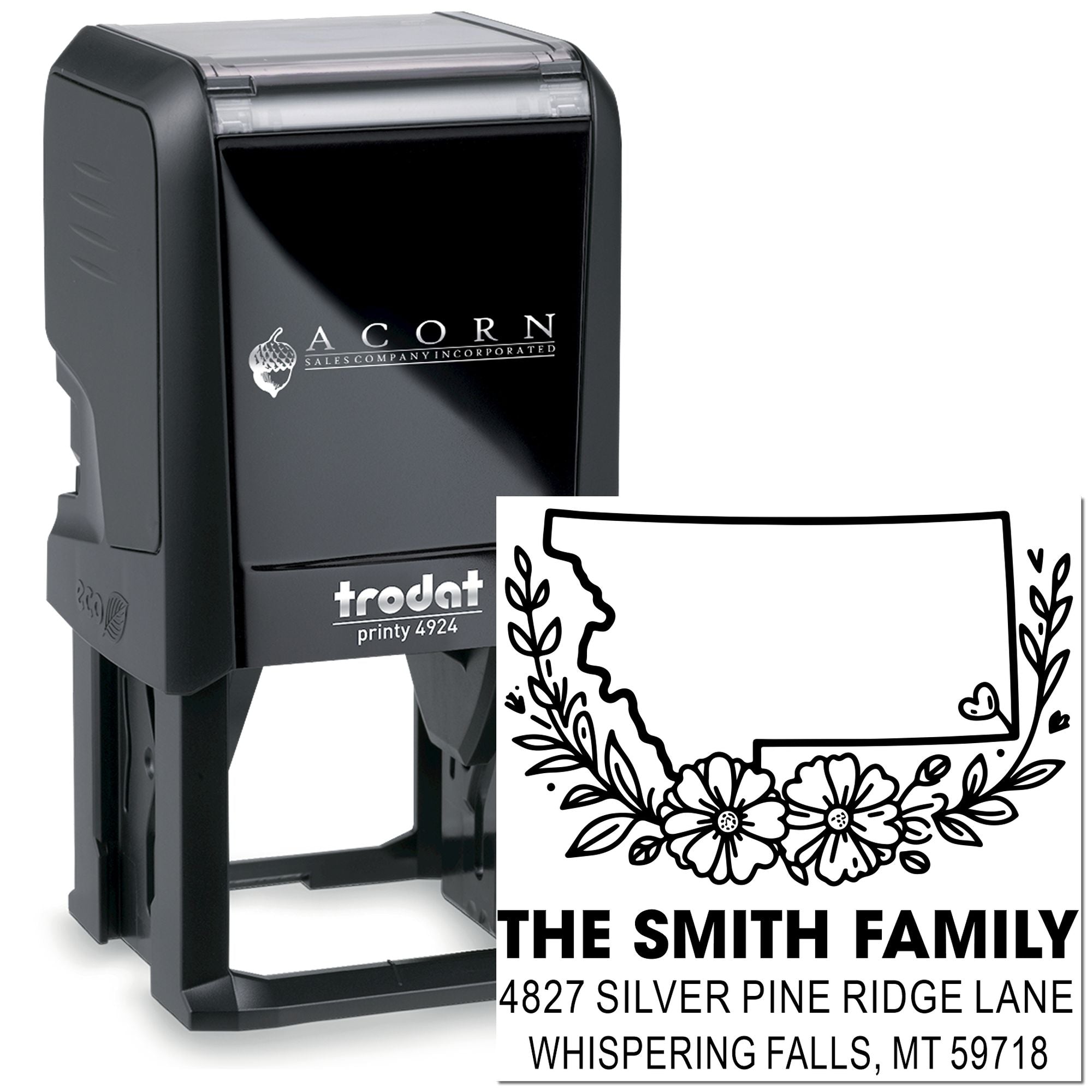 Custom self-inking return address rubber stamp with floral Montana family design for The Smith Family