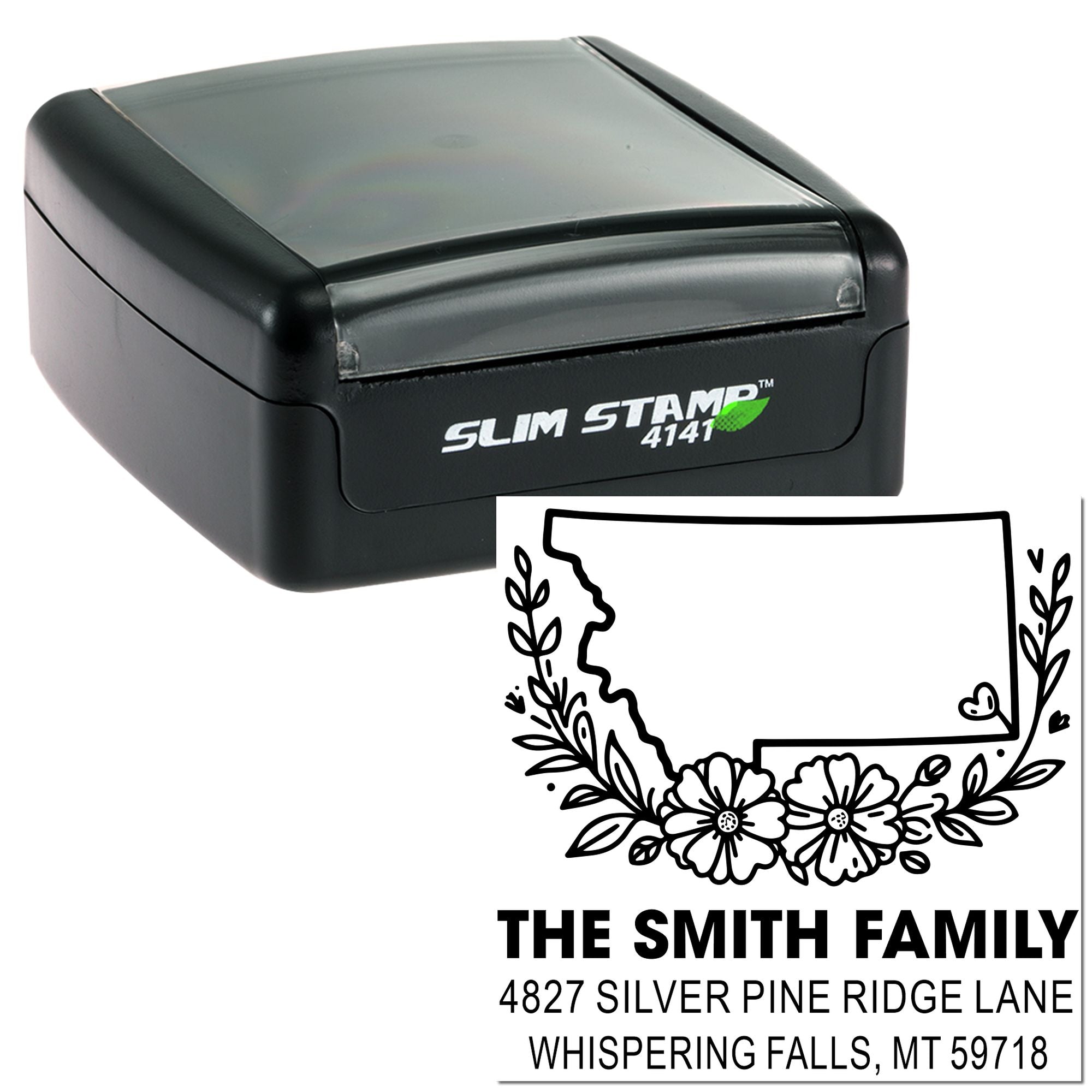 Custom self-inking return address rubber stamp with floral state outline design for The Smith Family.