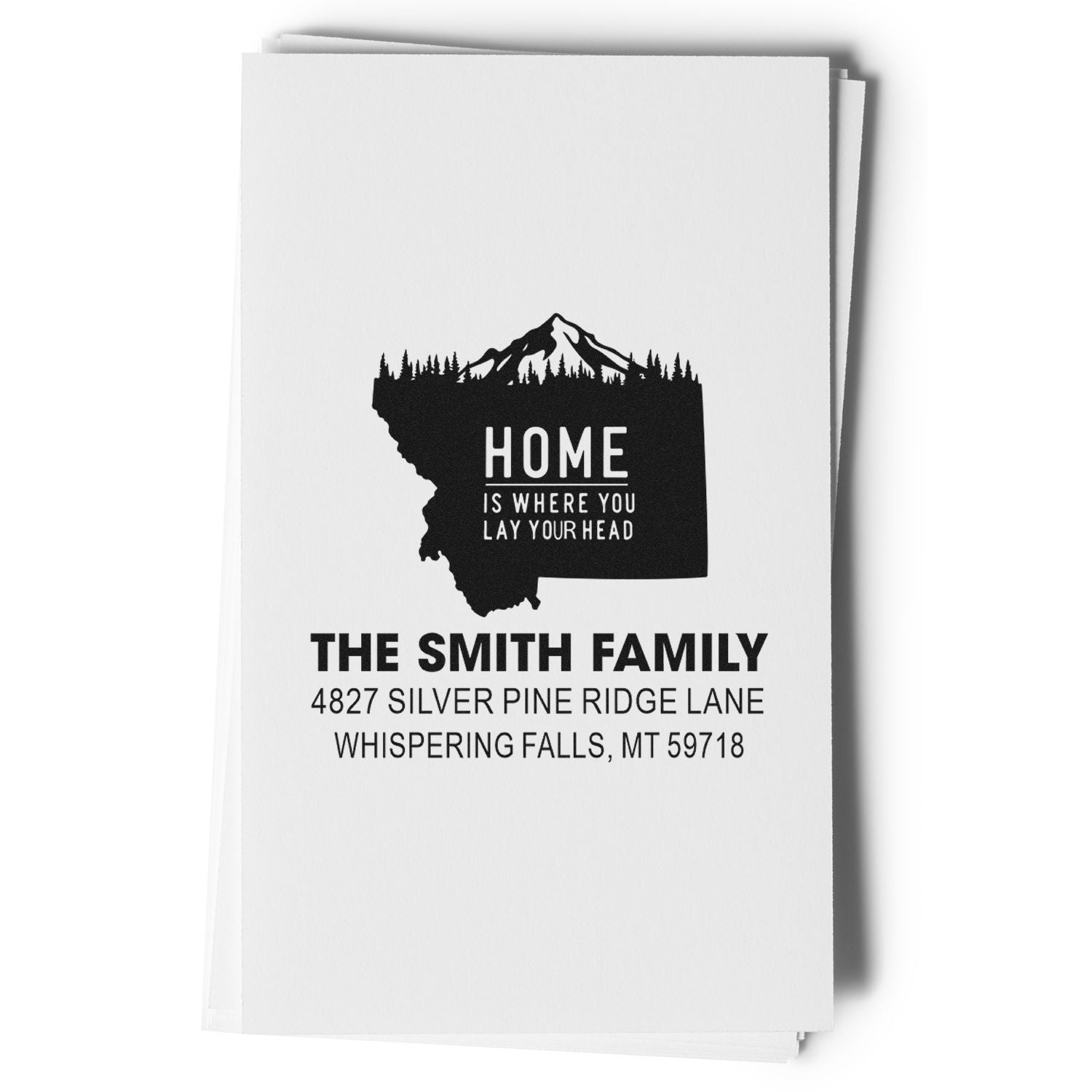 Custom family return address rubber stamp with Montana home design, personalized name, and address for envelopes and mailings