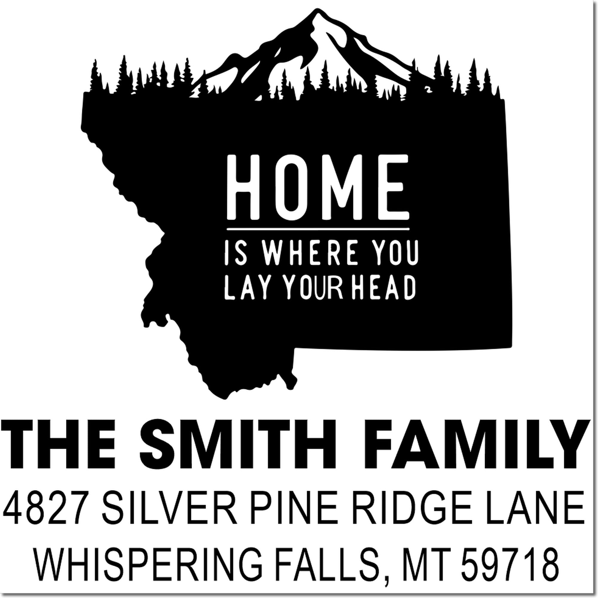 Custom Montana home address rubber stamp for The Smith Family with mountain silhouette and Whispering Falls, MT 59718.