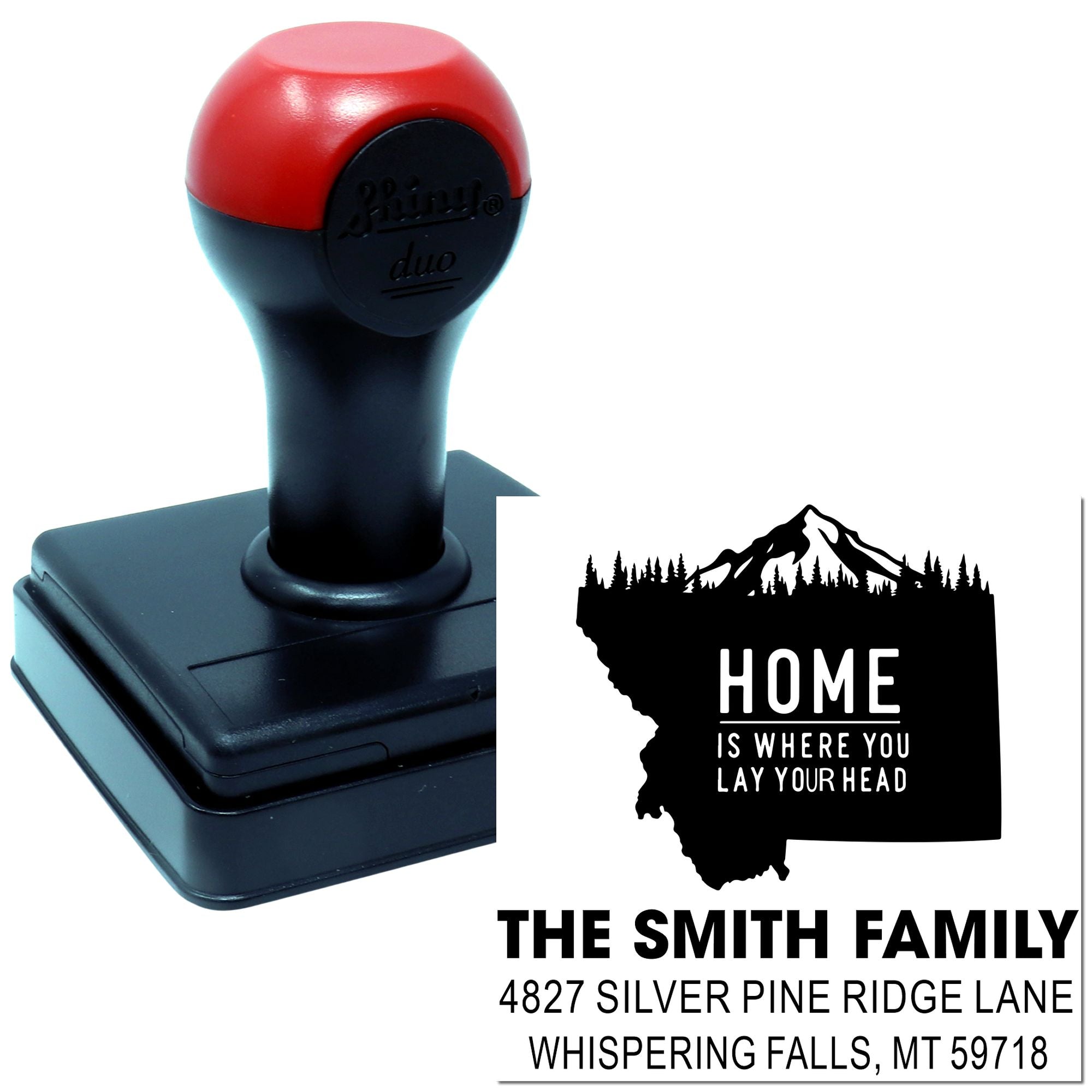 Custom self-inking rubber address stamp with Montana home design for The Smith Family, personalized return address stamp