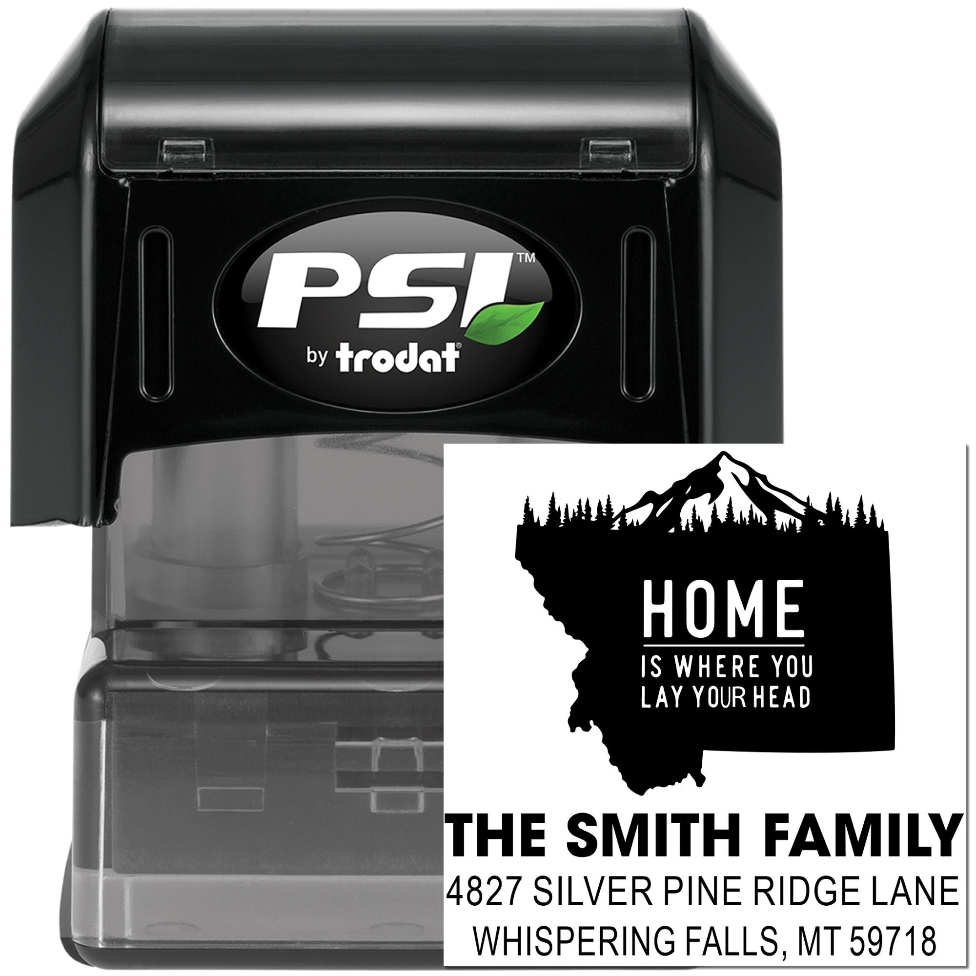 PSI by Trodat self-inking rubber stamp with custom home return address and family name design for mailings.