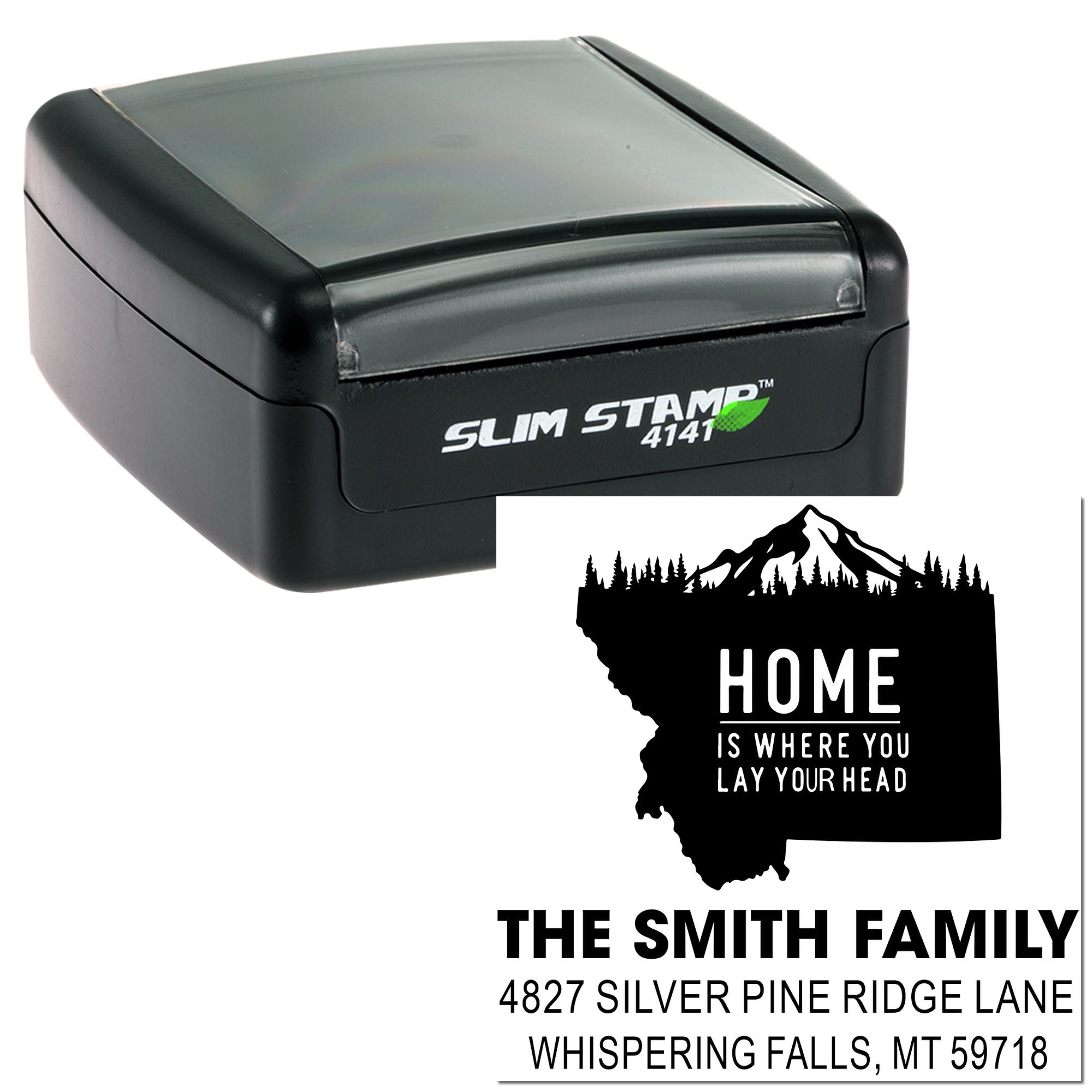 Slim self-inking custom address rubber stamp with Montana home design and The Smith Family return address.