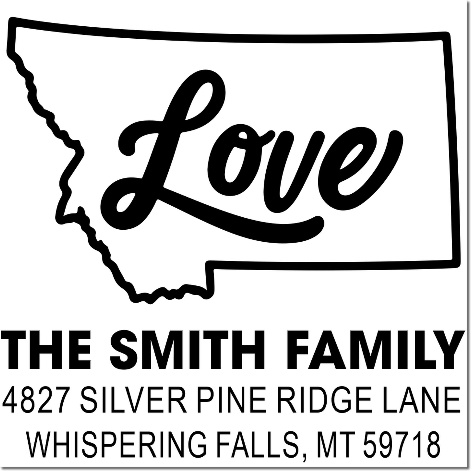 Personalized Montana return address rubber stamp for The Smith Family, Silver Pine Ridge Lane, Whispering Falls, MT.