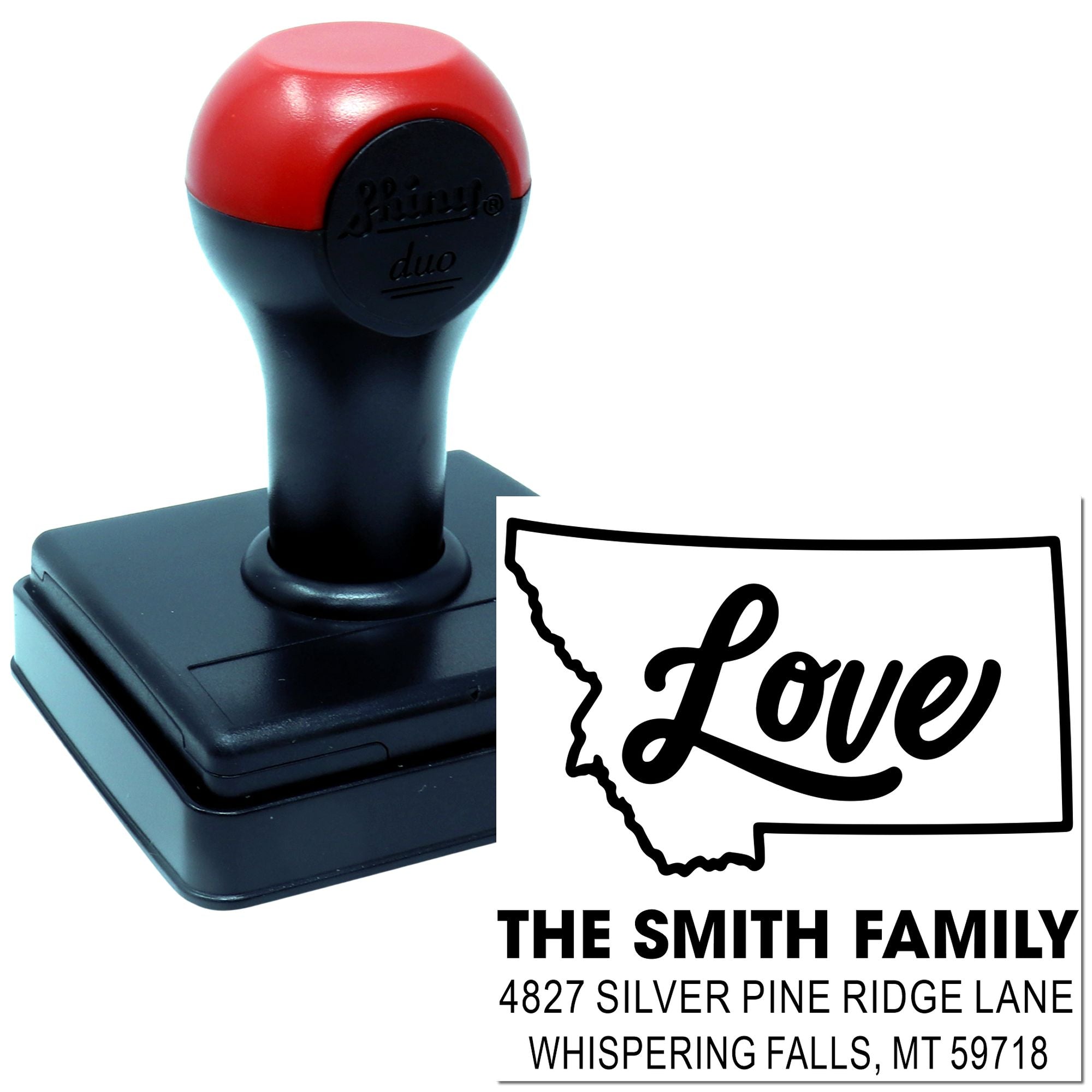 Custom self-inking rubber stamp with Montana return address and Love design for personalized family mailing.